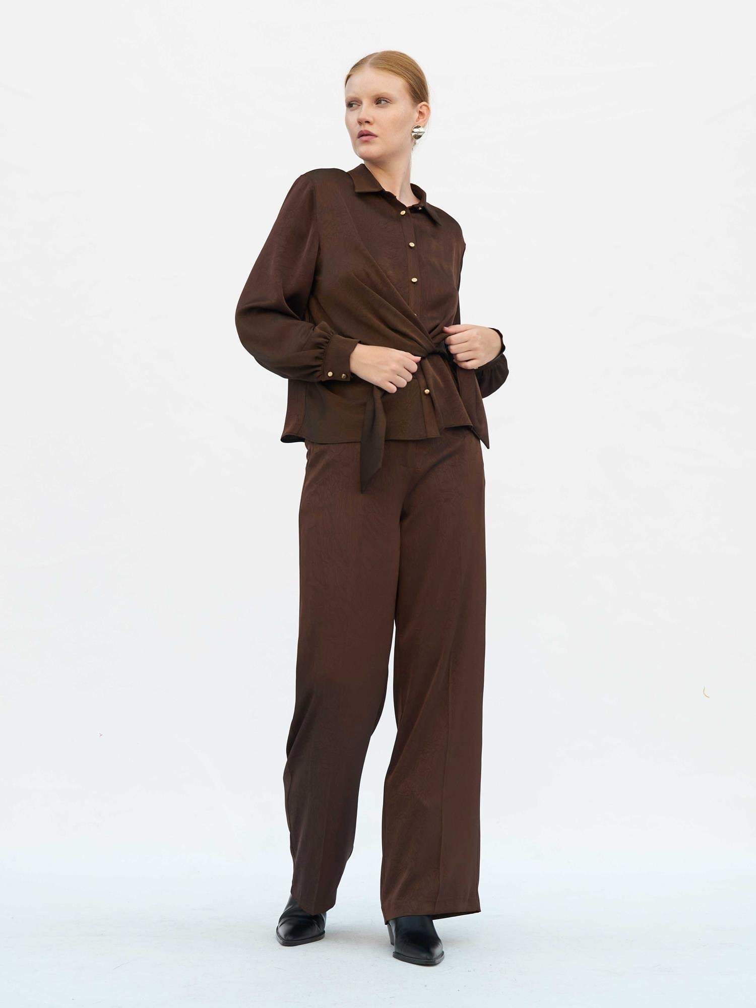 Brown Satin Wide-Leg Tie-Waist Trousers - Lefon - by Peralane