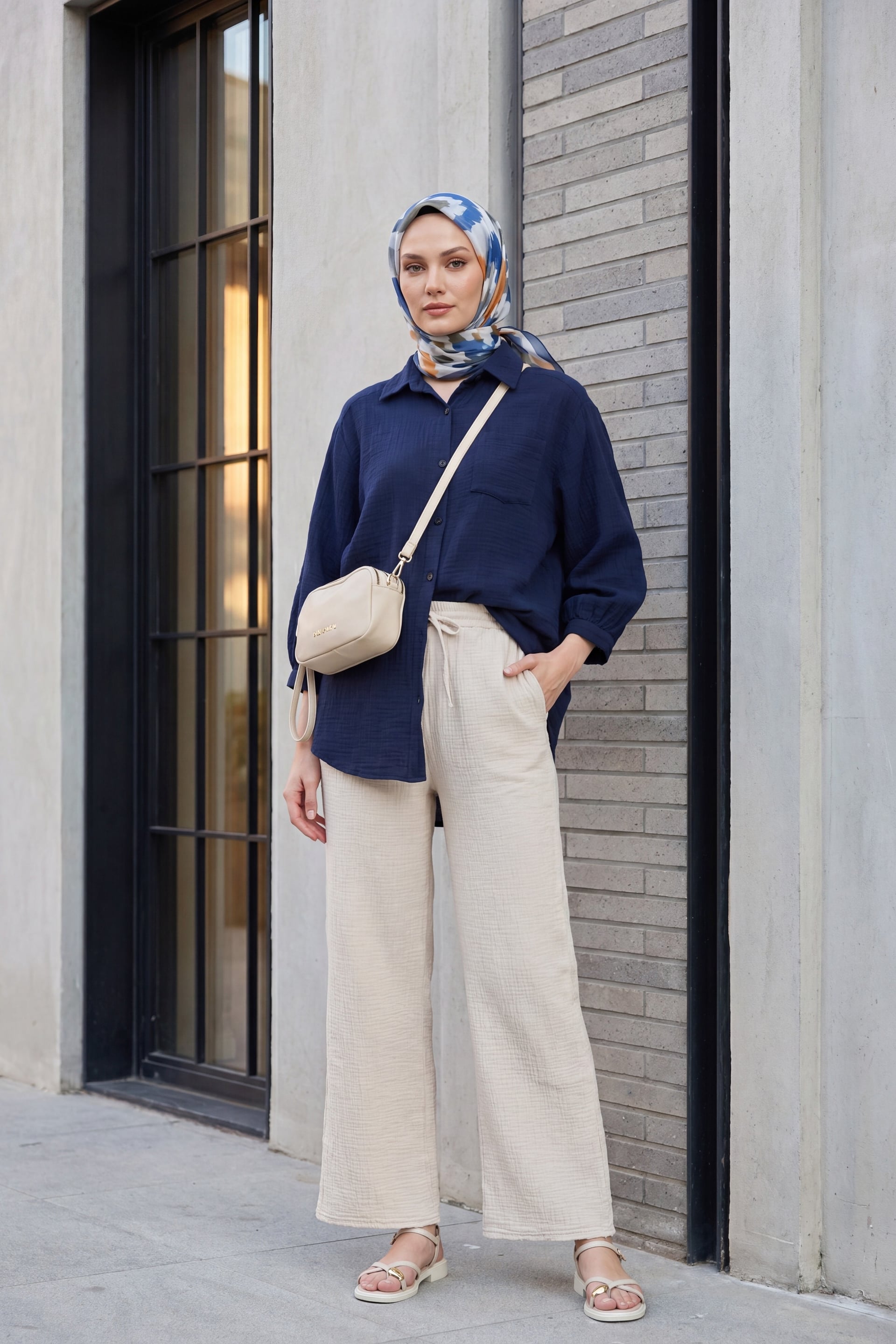 Drawstring Detail Pockets Elastic Waist Muslin Trousers - Beige - Podyumplus - by Peralane - photo 2