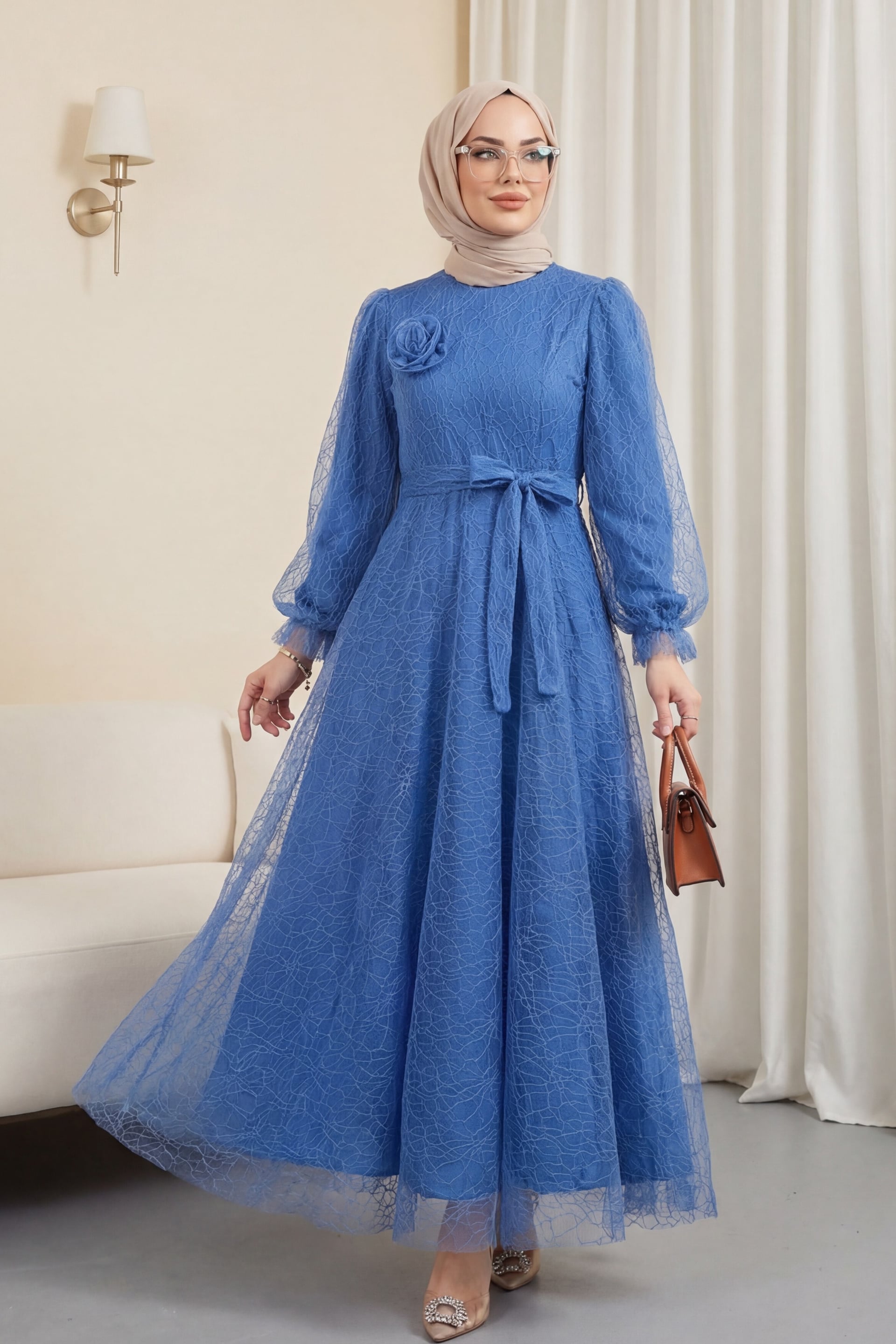 Blue Sequined Tulle Evening Dress with Belted Waist and Balloon Sleeves - Podyumplus - by Peralane