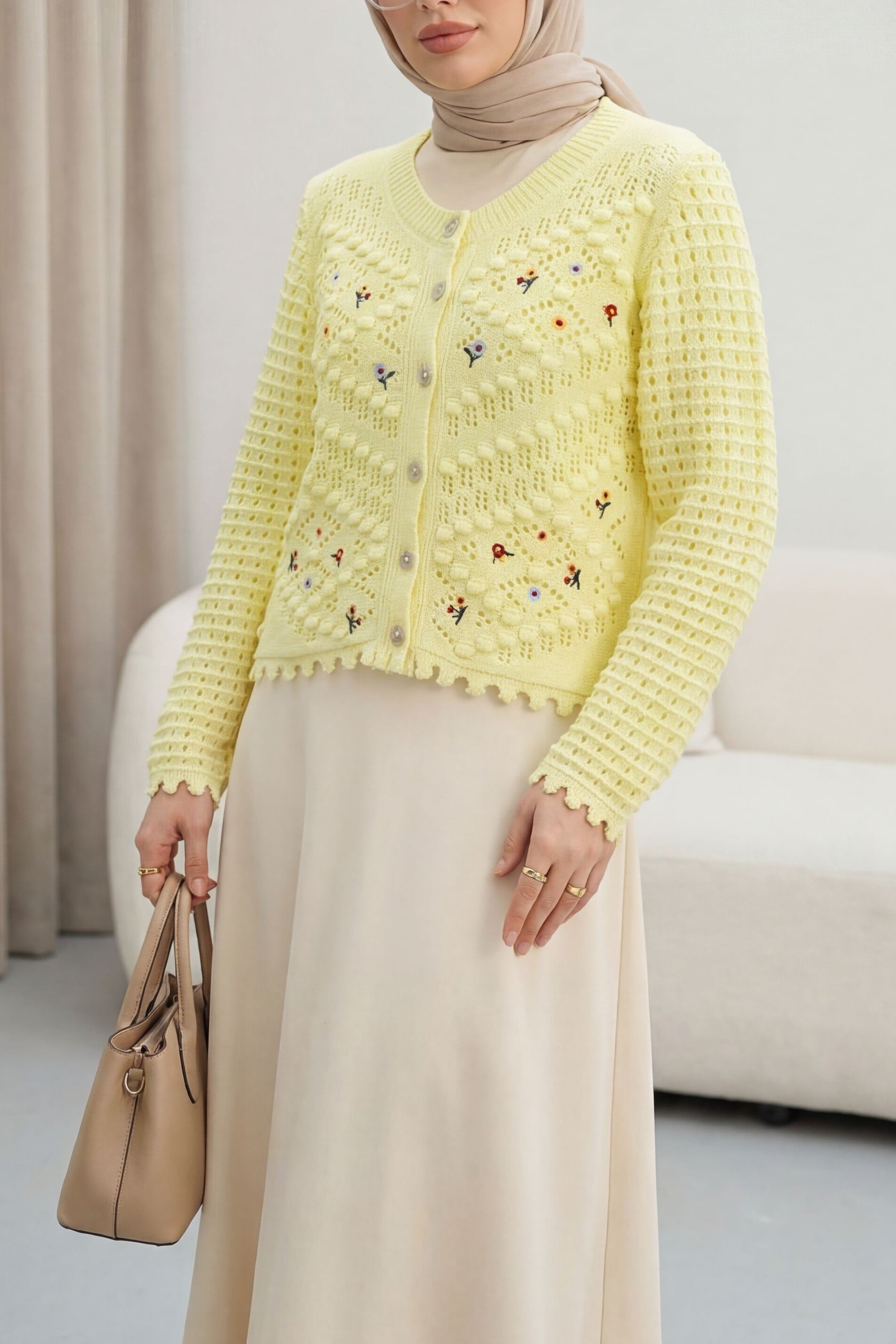 Light Yellow Floral Embroidered Knit Cardigan - Podyumplus - by Peralane - photo 2