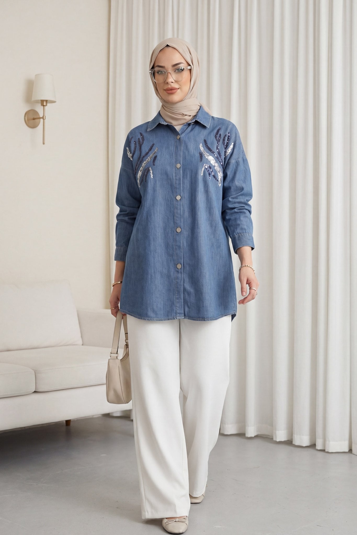 Sequin Embellished Denim Shirt - Indigo - Podyumplus - by Peralane - photo 2
