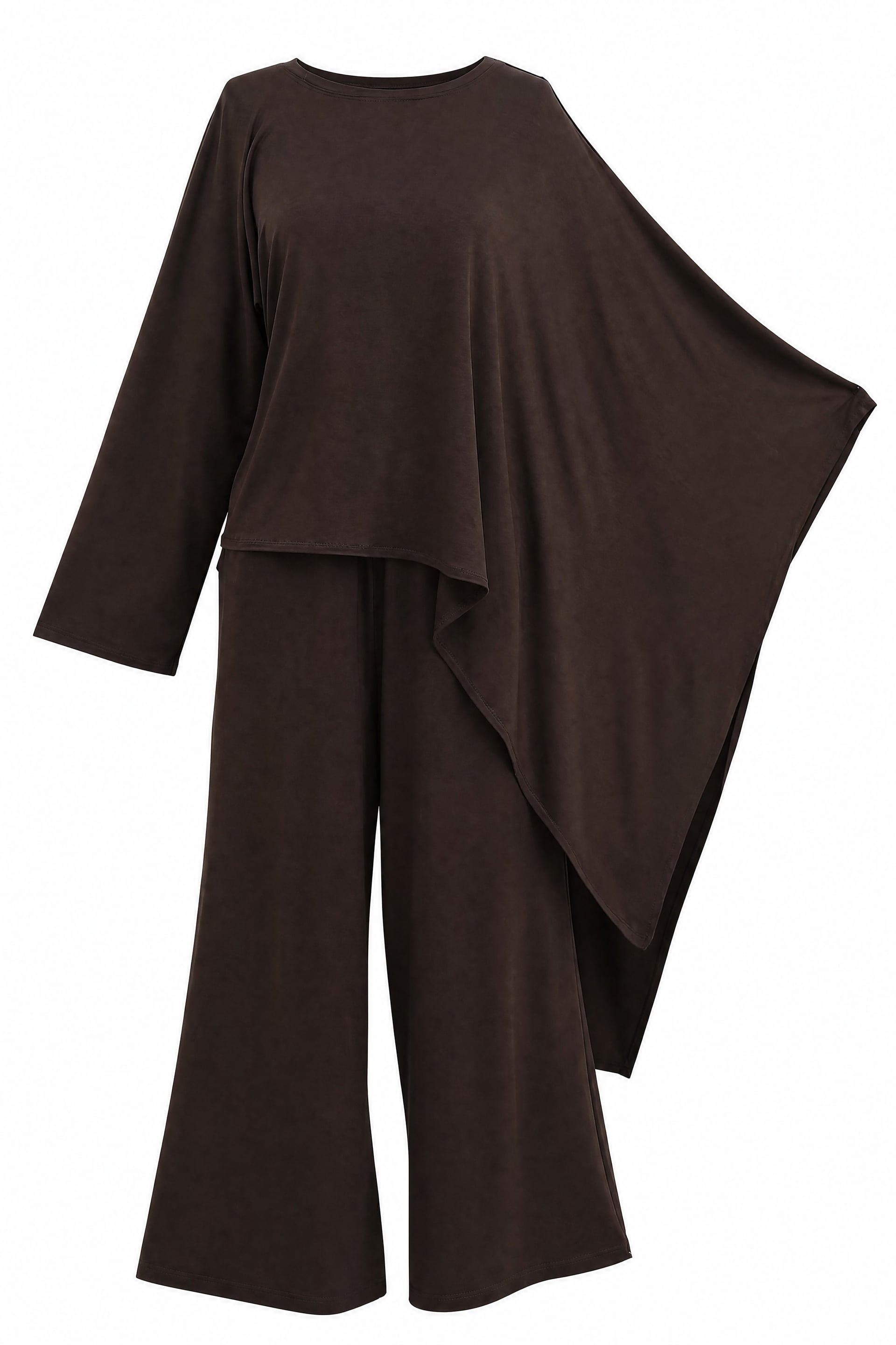 Asymmetric Cut Pocket Wide-Leg Trousers Casual Viscose Poncho Set - Dark Brown - Podyumplus - by Peralane - photo 4