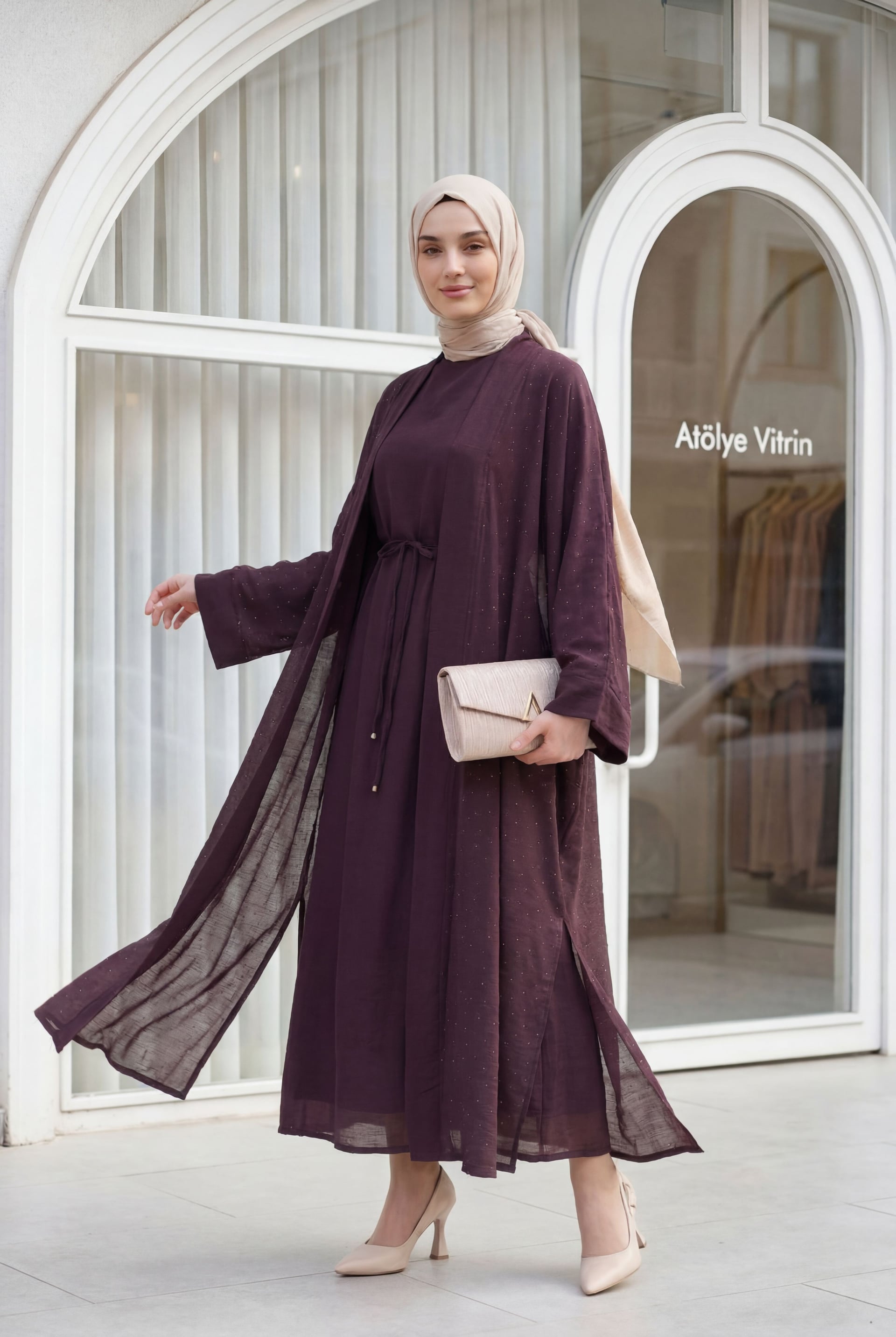 Belted Lined Flam Tulle Abaya Set with Inner Dress and Stone Details - Plum - Podyumplus - by Peralane - photo 3
