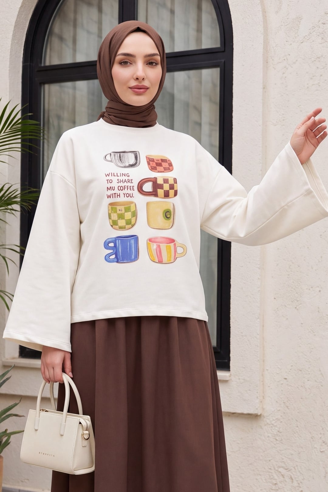 Coffee Cup Print Crew Neck Oversize 2-Thread Cotton Sweatshirt - Ecru - Podyumplus - by Peralane - photo 2
