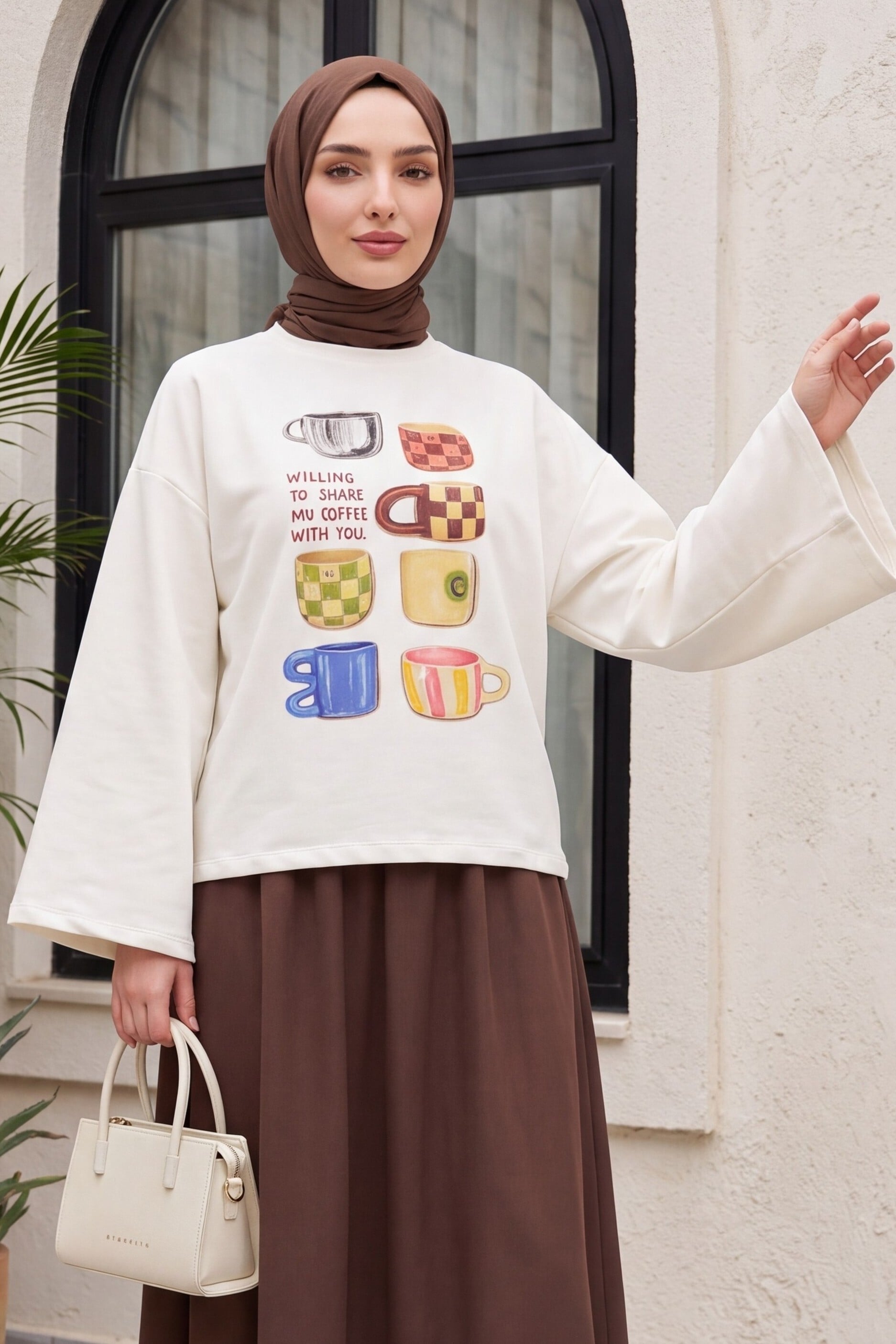 Coffee Cup Print Crew Neck Oversize 2-Thread Cotton Sweatshirt - Ecru - Podyumplus - by Peralane - photo 2