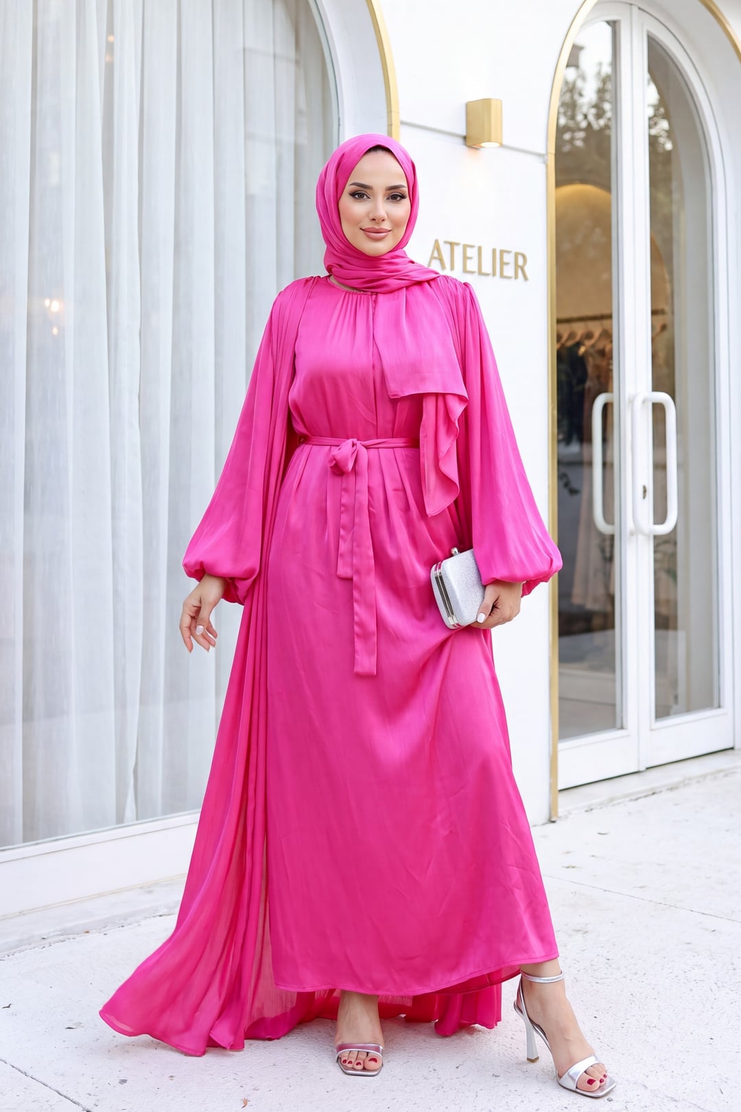 Krinkl Silk Satin 3-Piece Abaya Set - Fuchsia - Podyumplus - by Peralane
