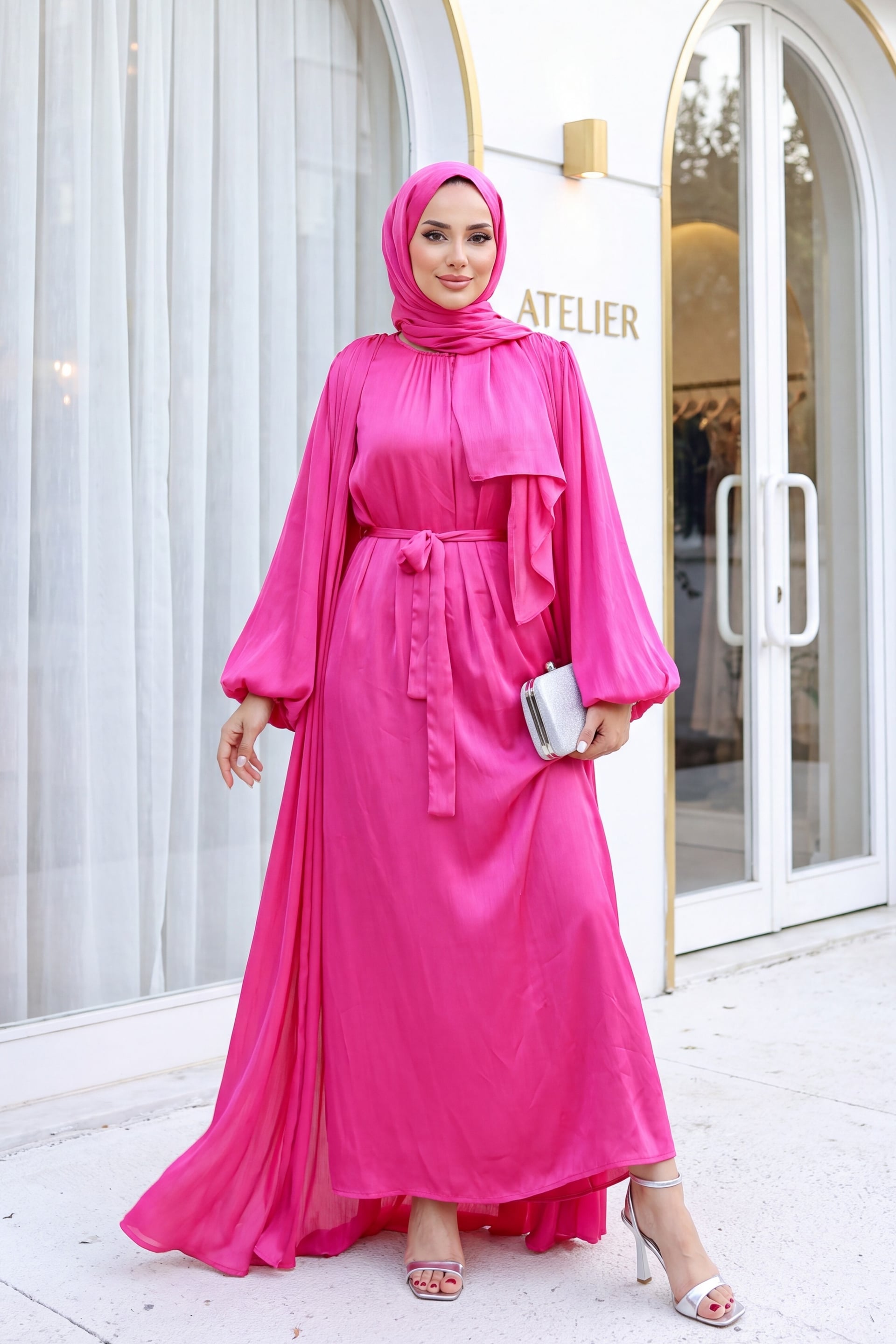 Krinkl Silk Satin 3-Piece Abaya Set - Fuchsia - Podyumplus - by Peralane