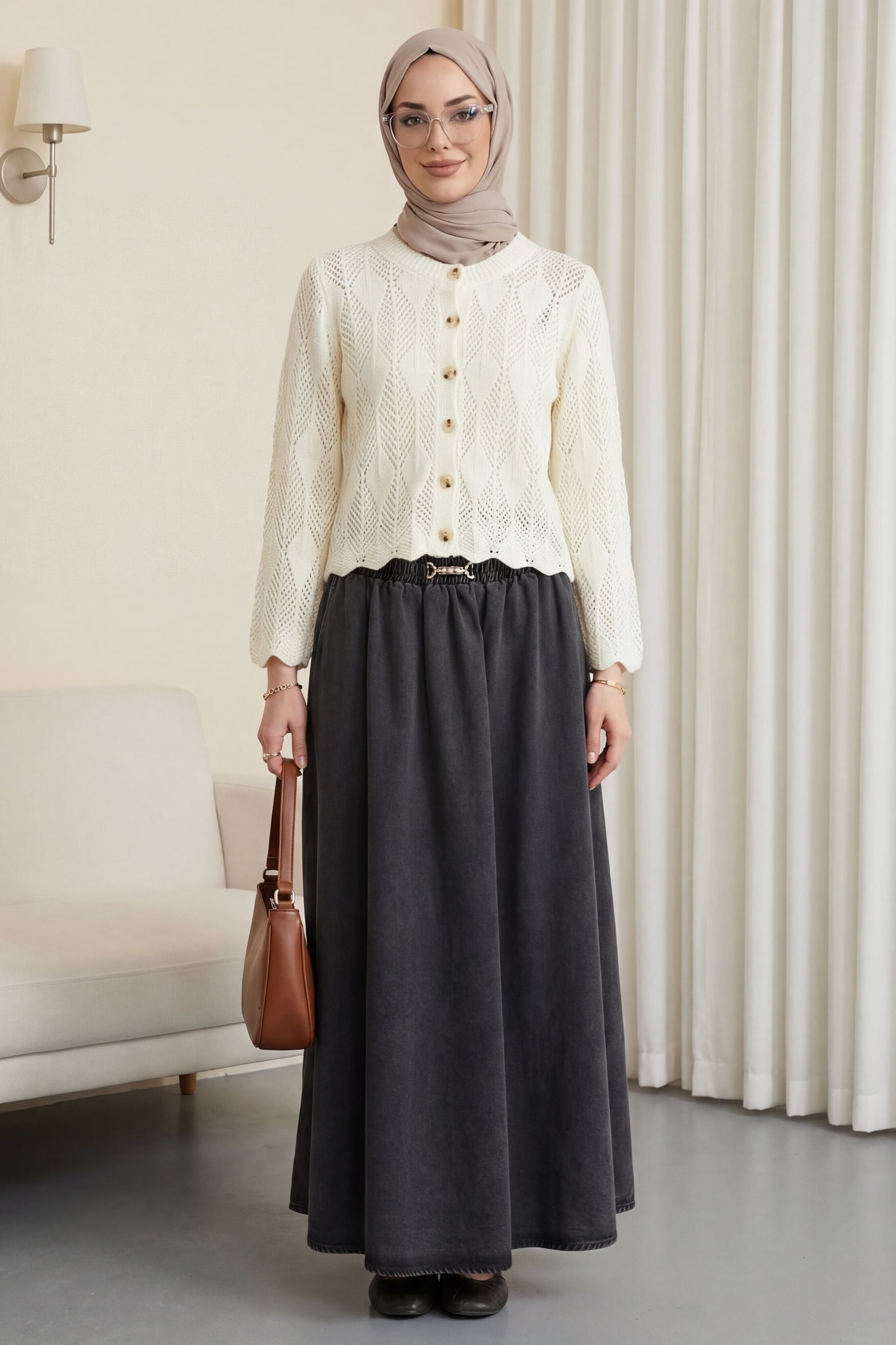 Elasticated Waist Denim Midi Skirt with Buckle Detail - Anthracite - Podyumplus - by Peralane - photo 2
