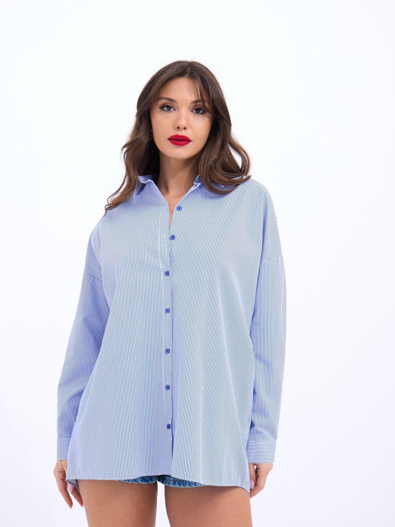 Blue and White Striped Cotton Blend Blouse - Fame - by Peralane