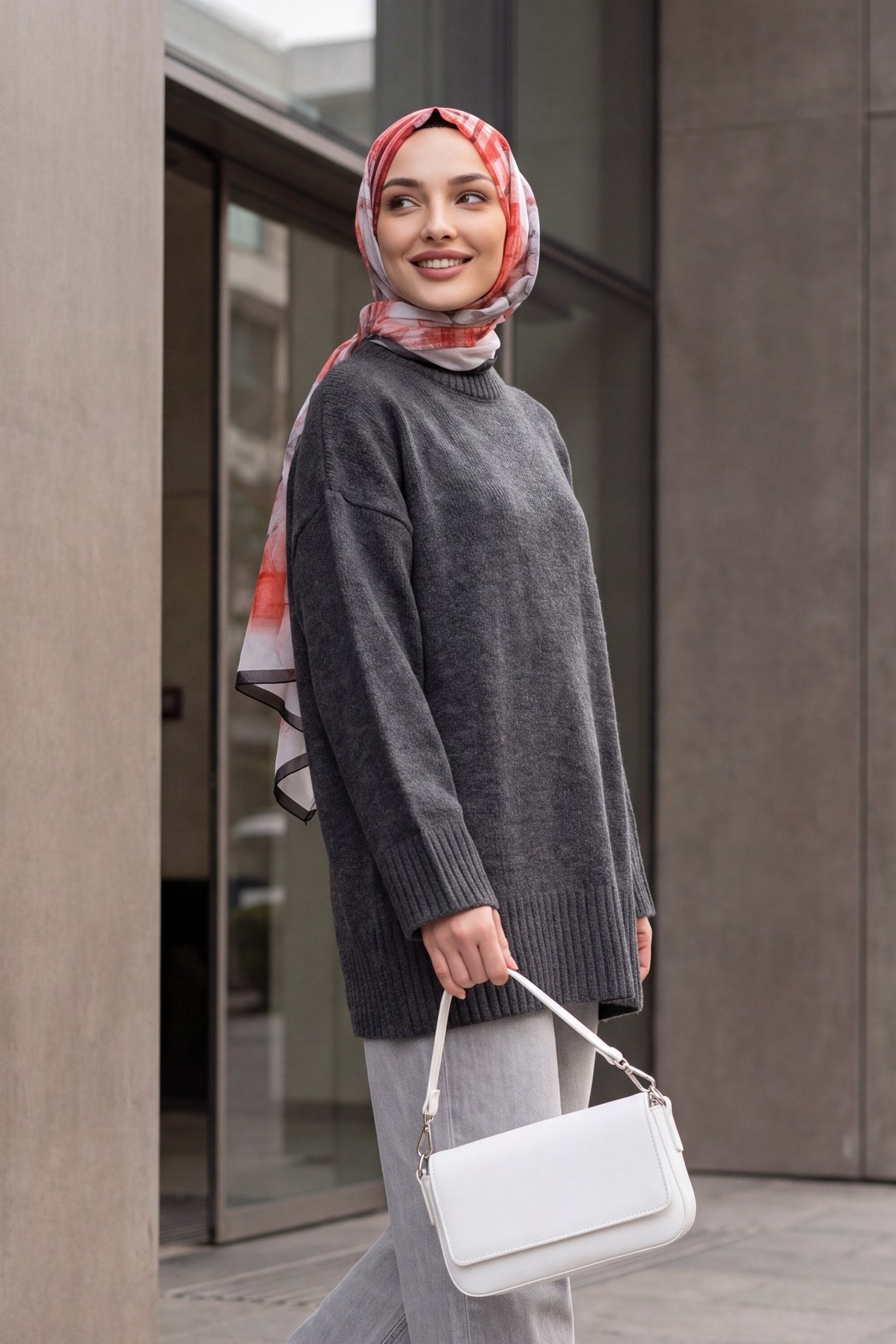 Crew Neck Ribbed Hem Relaxed Knit Sweater - Smoke Grey - Podyumplus - by Peralane - photo 3