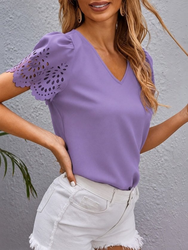 Women's V-Neck Short Sleeve Lace-Trimmed Blouse - Janes - by Peralane - photo 2
