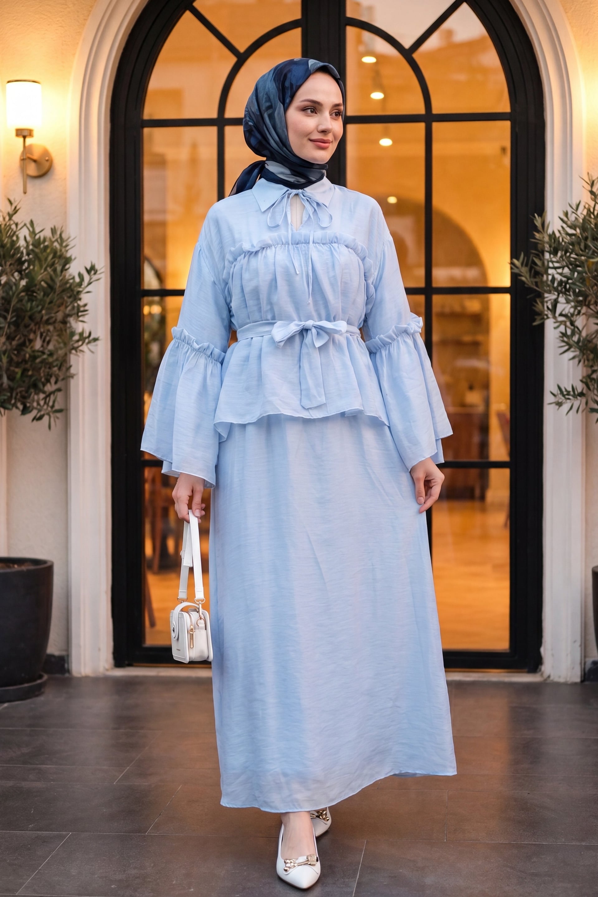 Tie-Front Ruffled Lined Belted Tulle Voile Dress - Baby Blue - Podyumplus - by Peralane