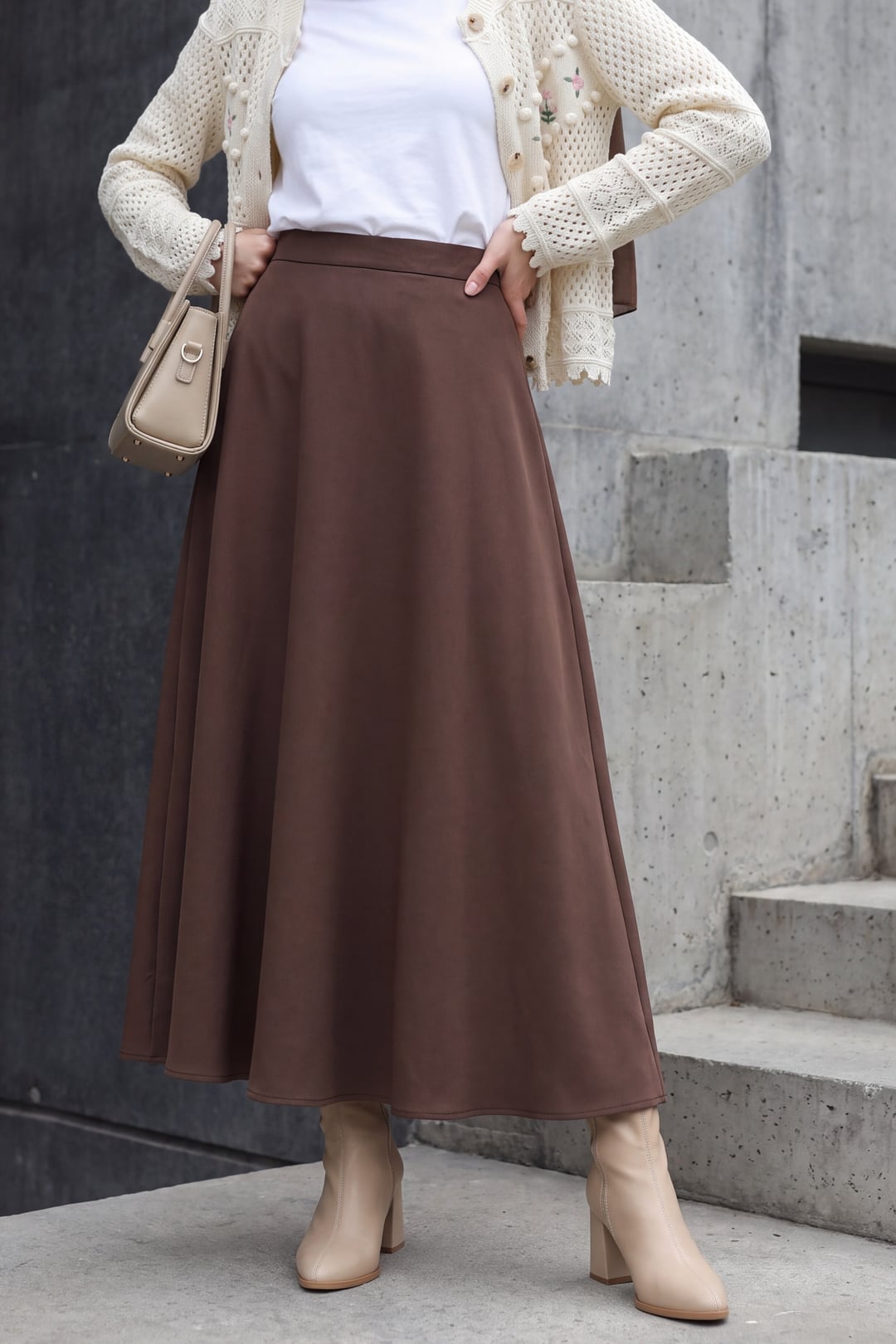 Brown Scuba Puff Skirt with Wide Cut - Podyumplus - by Peralane