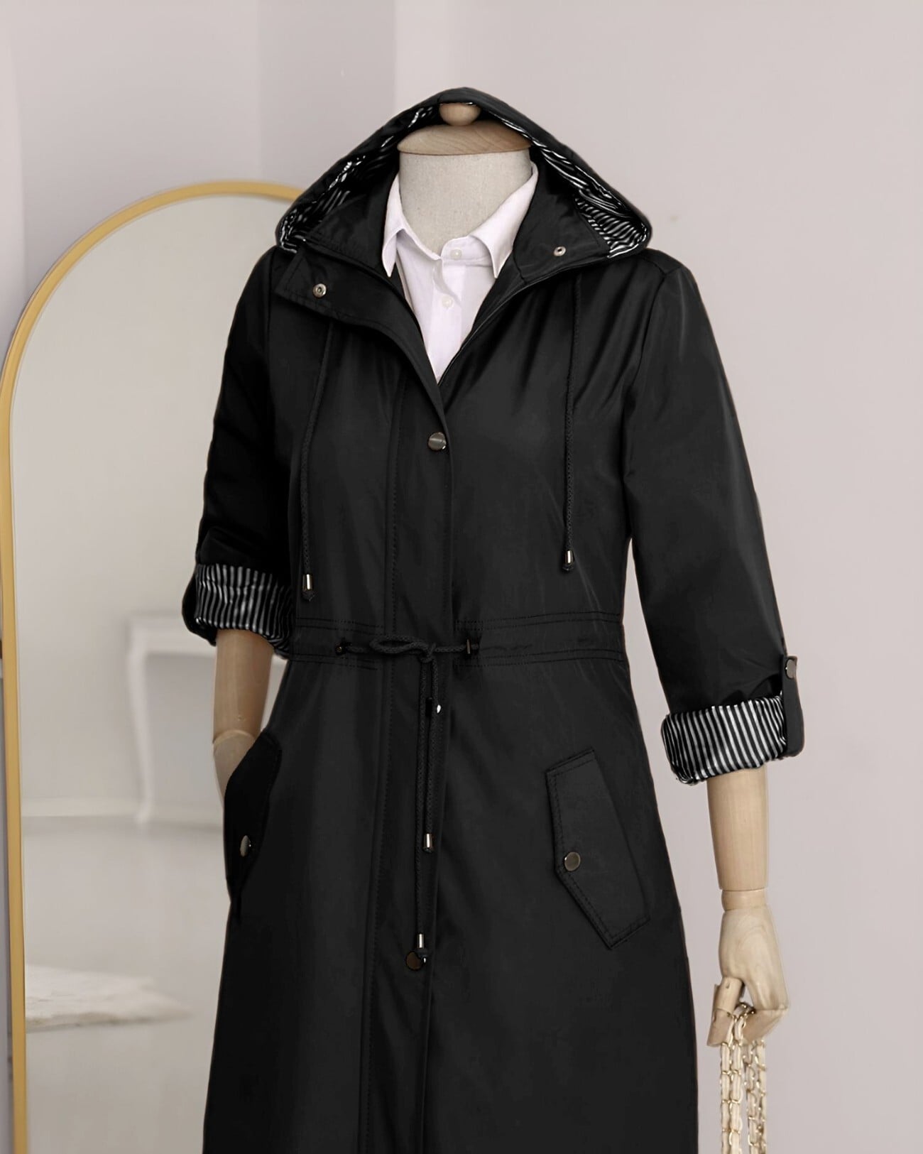 Black Hooded Trench Coat with Striped Lining - Podyumplus - by Peralane - photo 7
