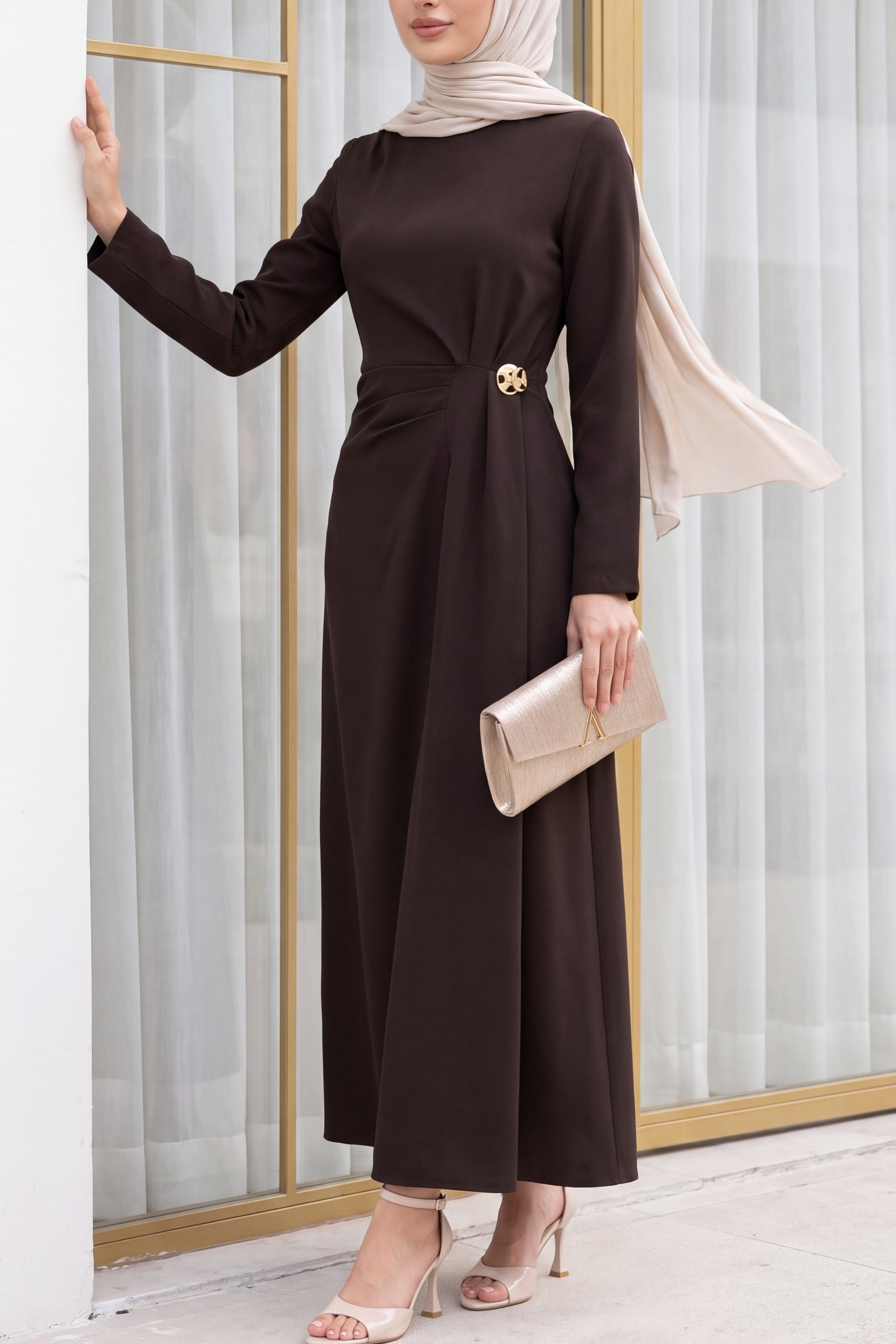 Brown Double Crepe Dress with Pleated Shoulder and Brooch Detail - Podyumplus - by Peralane