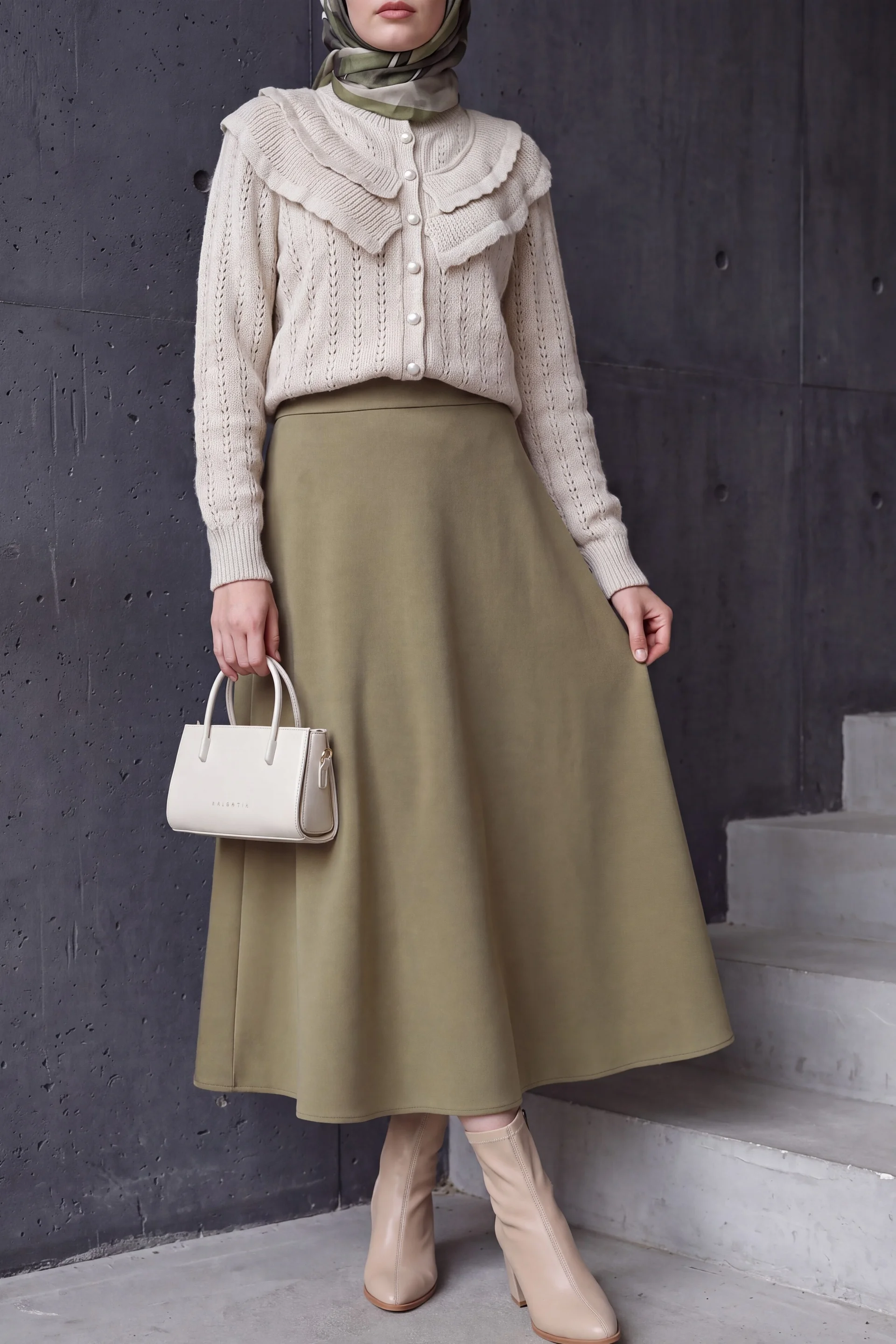 Khaki Scuba Puff Skirt with Wide Cut - Podyumplus - by Peralane