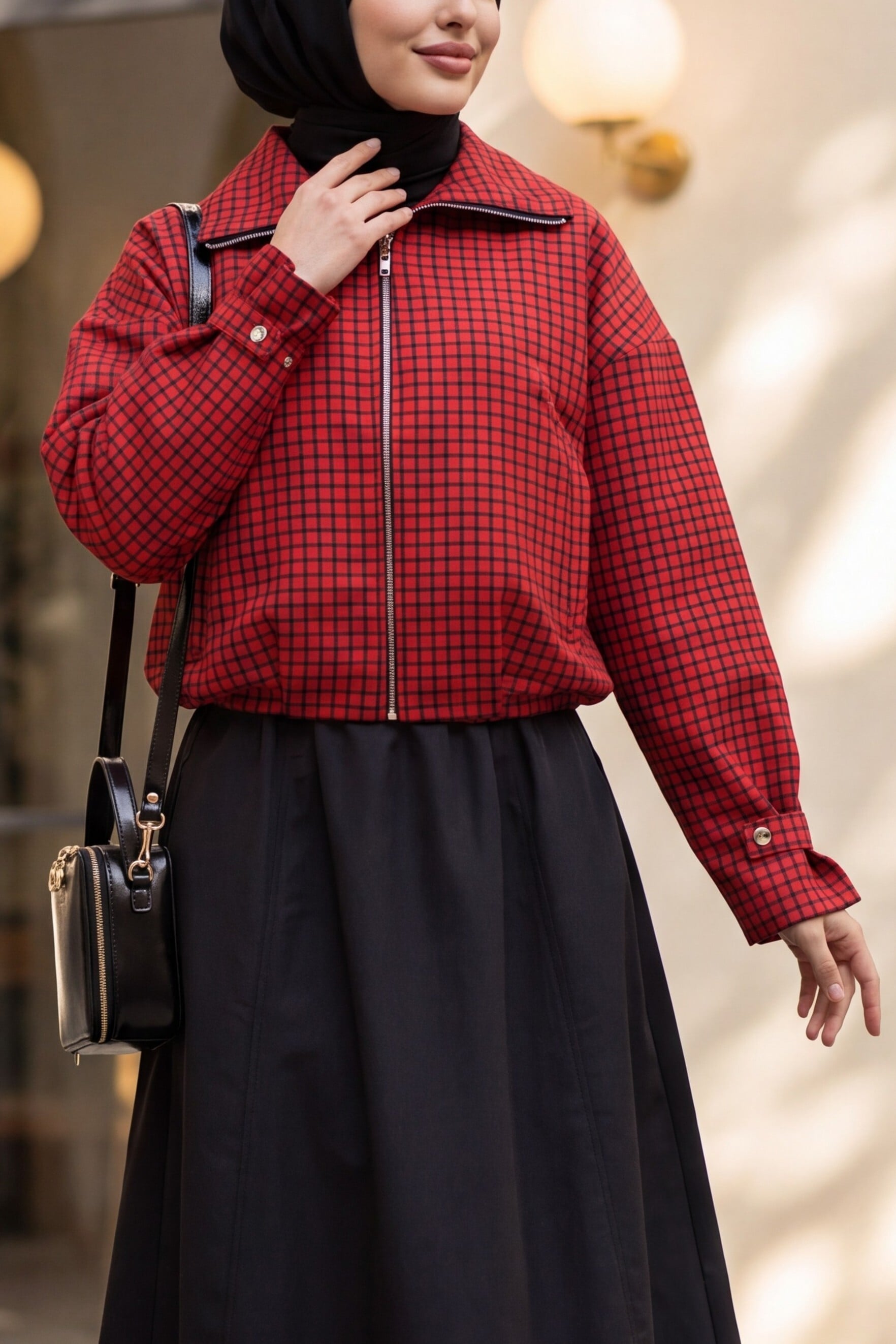 Red Plaid Zip-Up Canvas Jacket with Pockets - Podyumplus - by Peralane