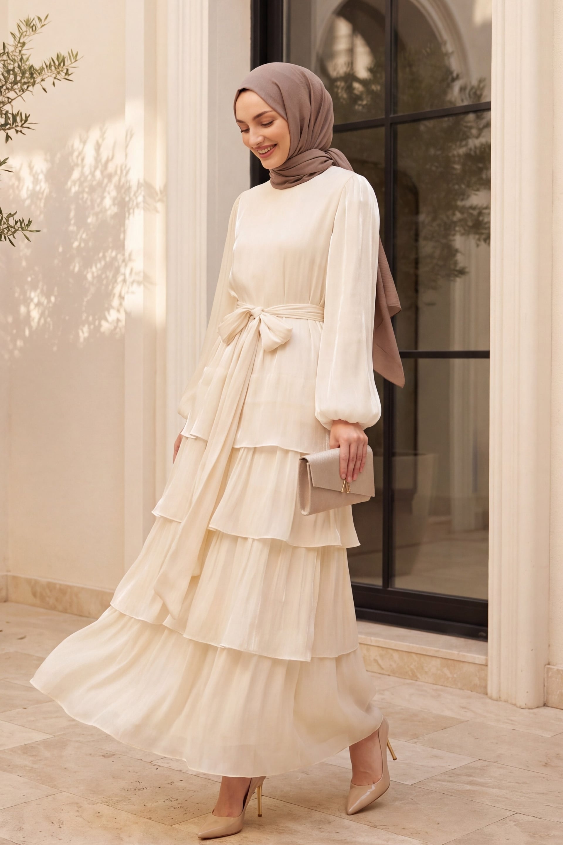 Beige Elasticated Cuff Tiered Ruffled Shimmer Chiffon Dress with Self-Tie Belt - Podyumplus - by Peralane - photo 4