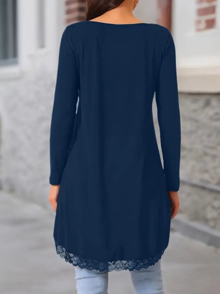 Women's Long Sleeve Round Neck Asymmetric Lace Trim Viscose Tunic - Navy Blue - Janes - by Peralane - photo 3