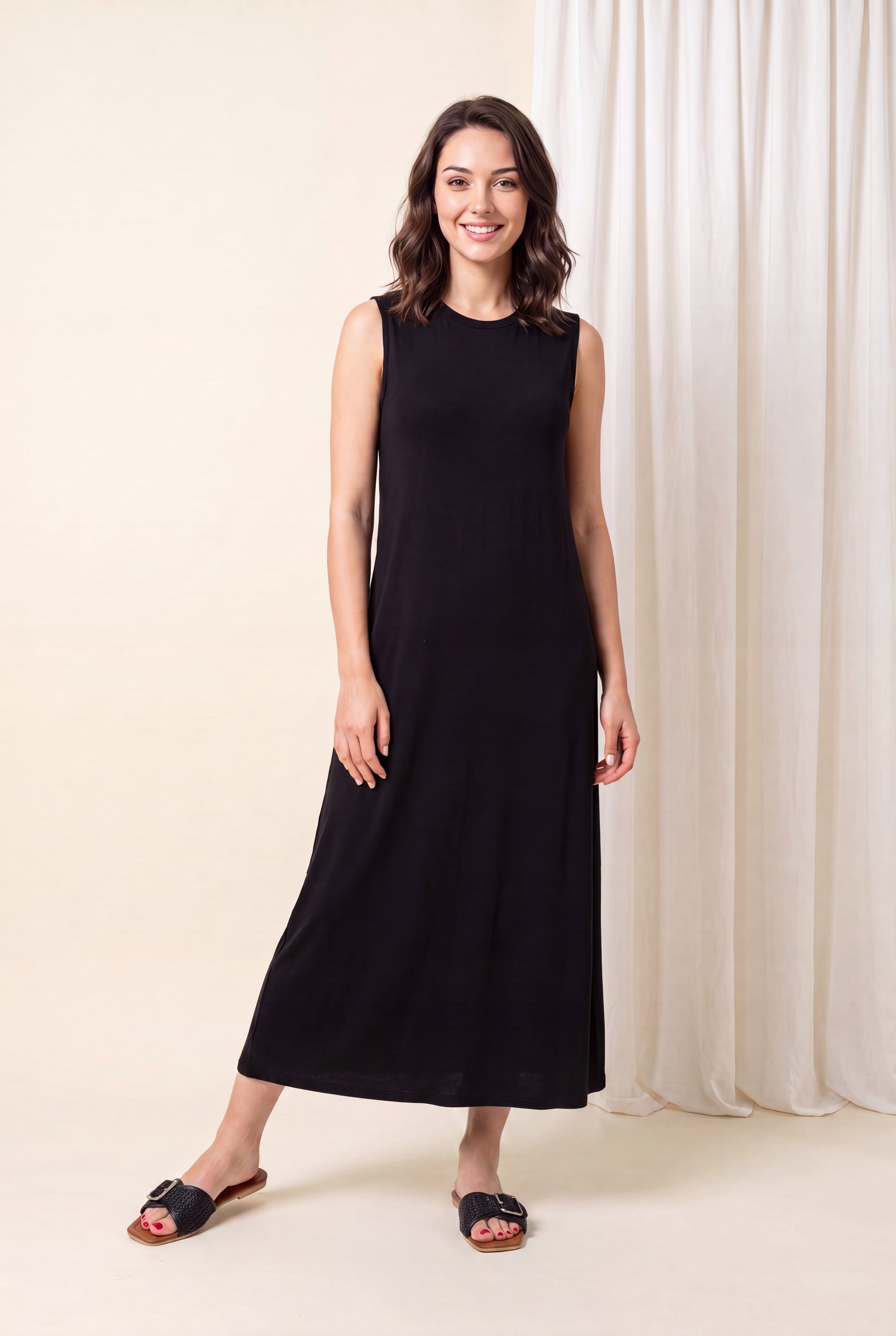 Sleeveless Round Neck Long Jersey Slip Dress - Black - Podyumplus - by Peralane - photo 4