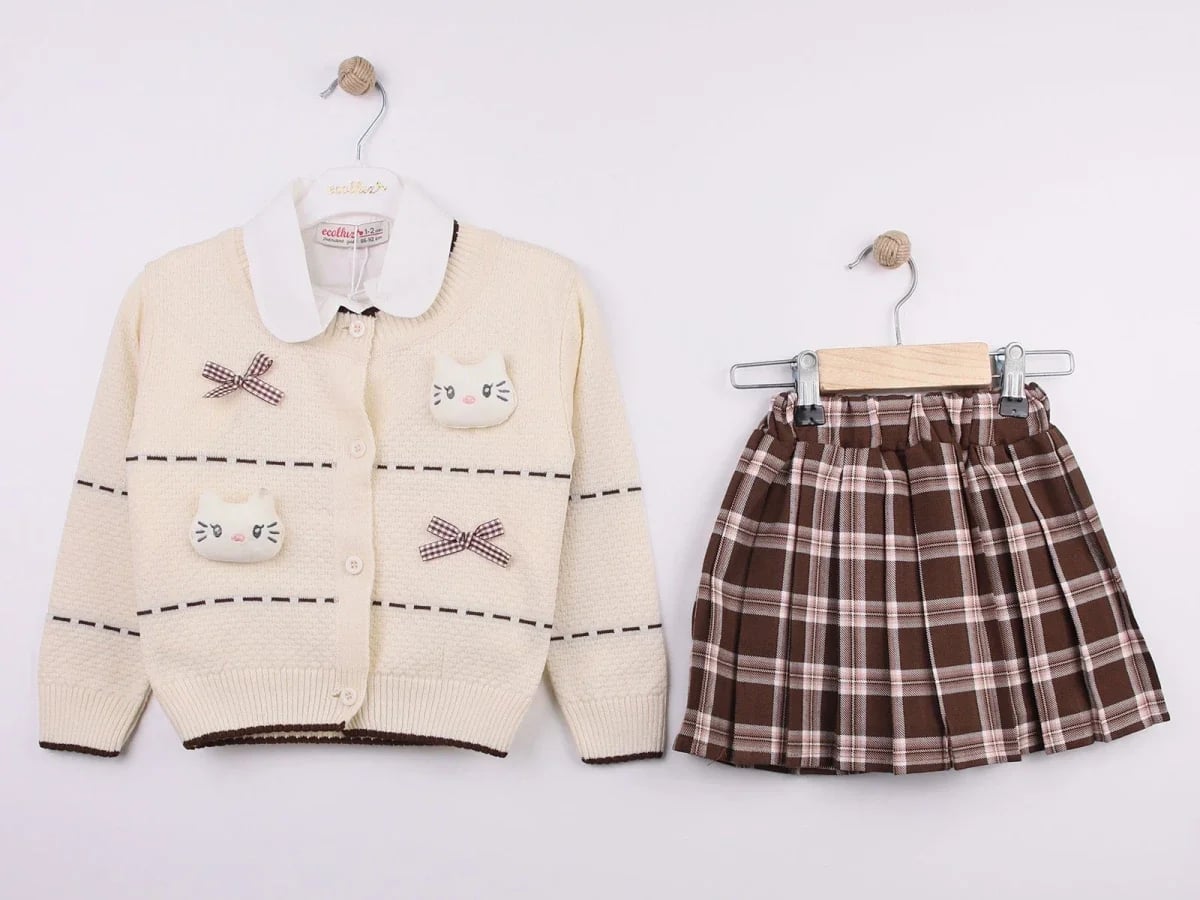 Girls' Cardigan and Pleated Skirt Set with Peter Pan Collar - Cream - Ecolkiz - by Peralane