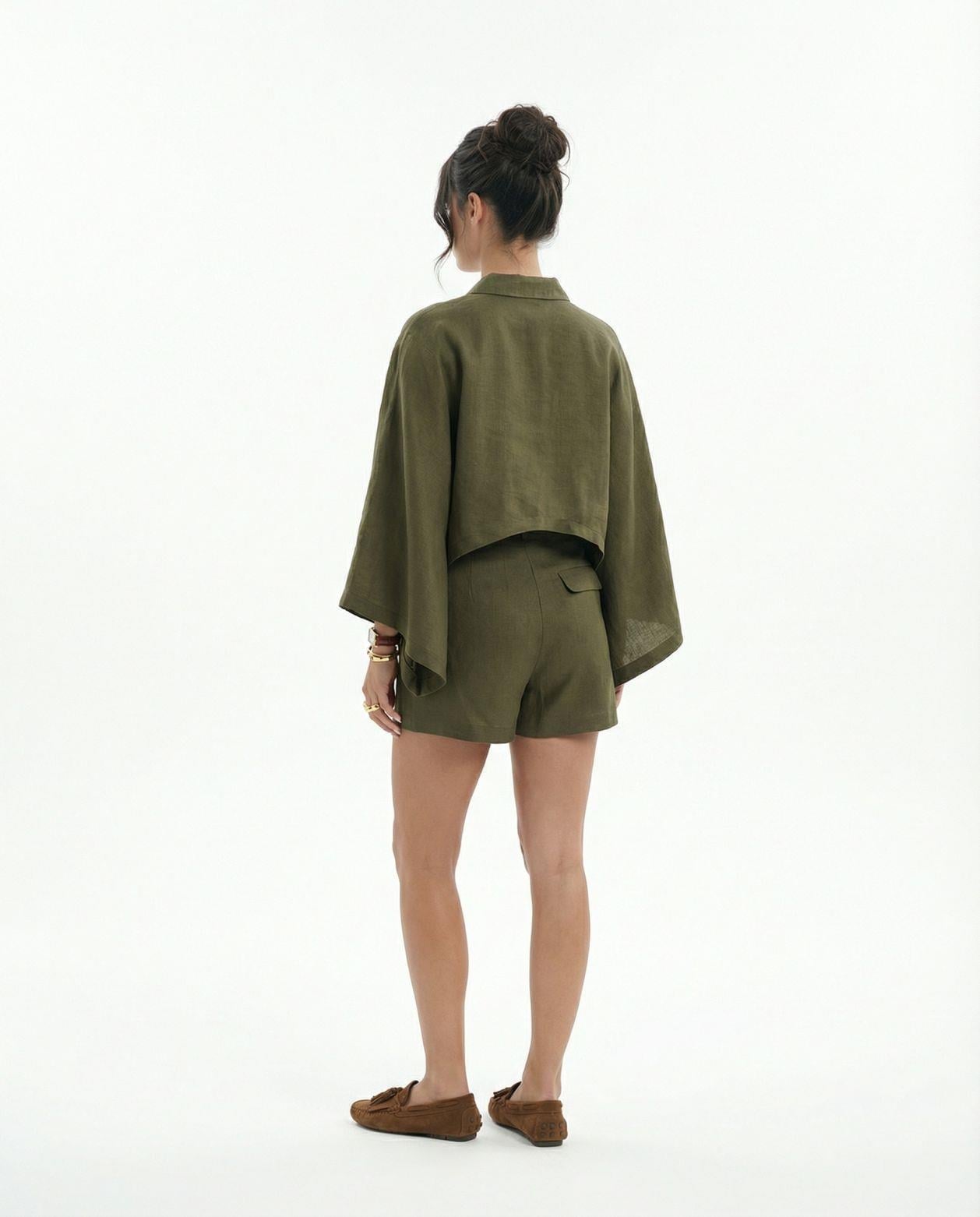 Women's Linen Blend Co-ord Set with Pleated Shorts - Brown - Fame - by Peralane - photo 5