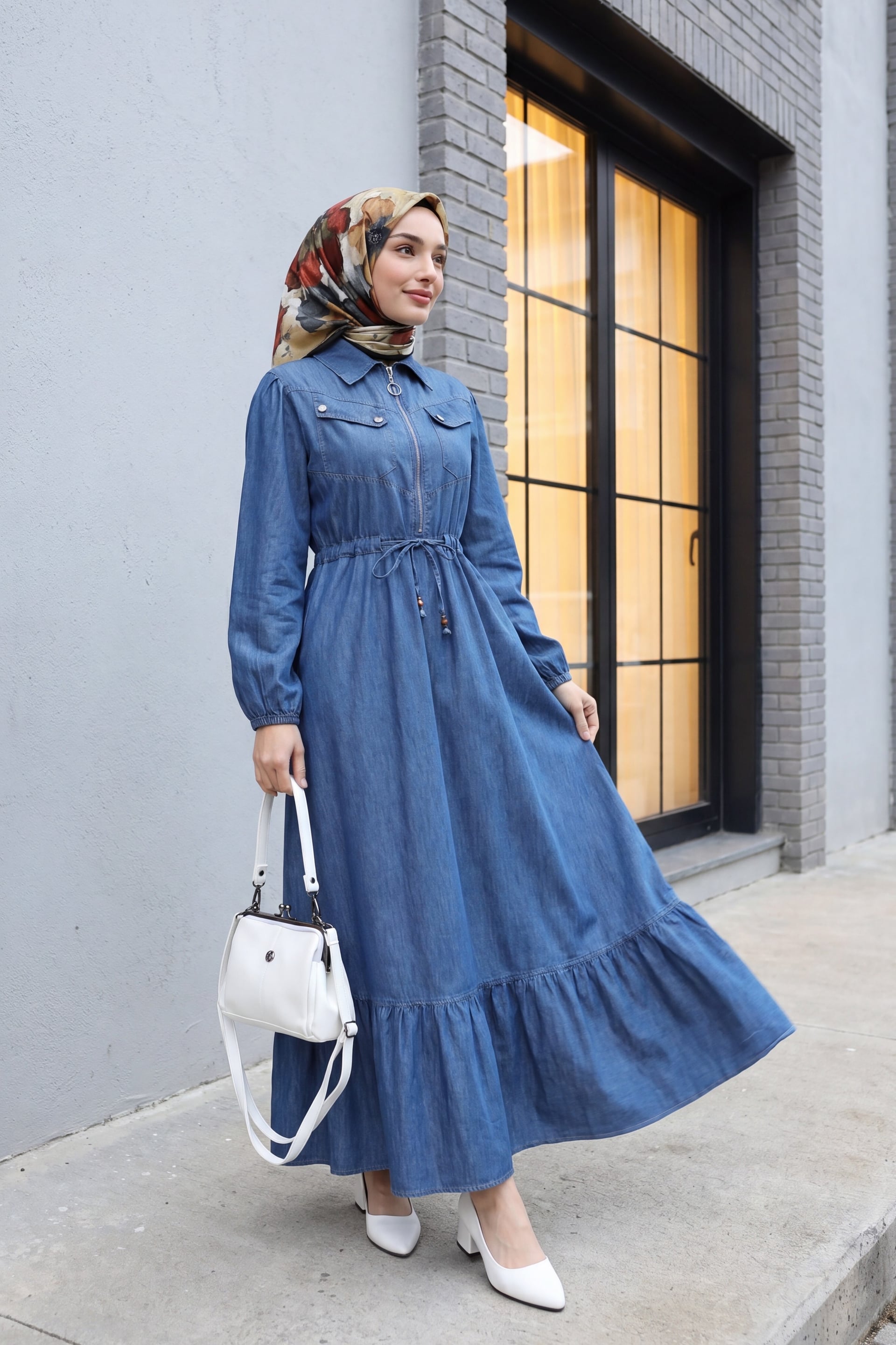 Tunnel Drawstring Half-Zip Pocket Denim Dress - Indigo - Podyumplus - by Peralane - photo 2