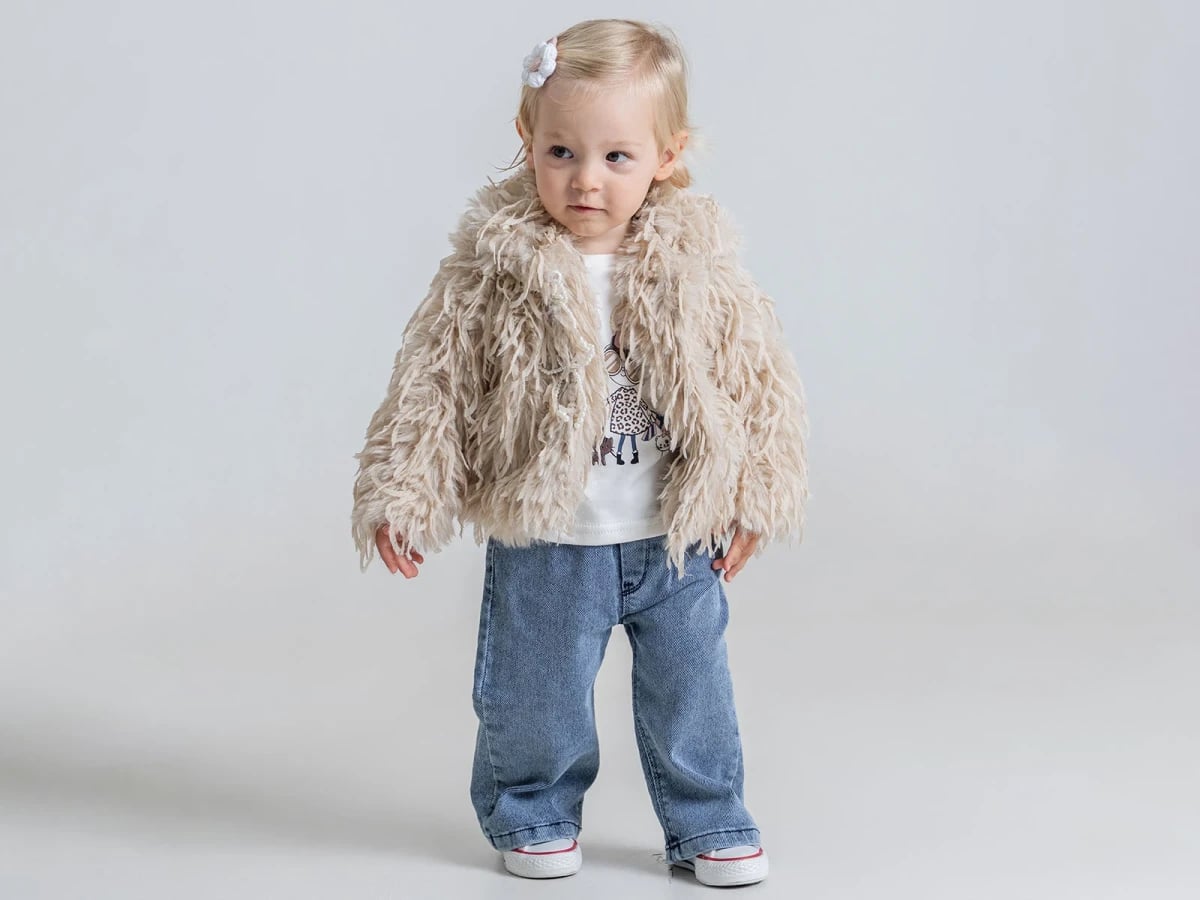 Girl's Printed Fuzzy Jacket 3-Piece Set with Stone Detail - Beige - Pampal Kids - by Peralane