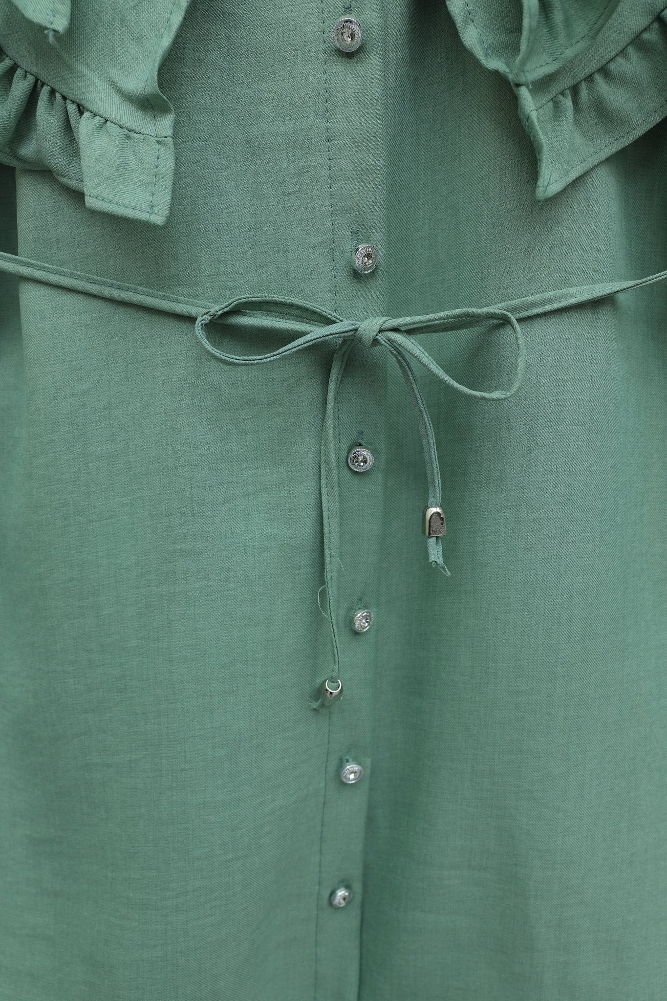 Mint Green Double-Layer Ruffled Collar Buttoned Tie-Waist Linen-Look Tunic - Podyumplus - by Peralane - photo 7