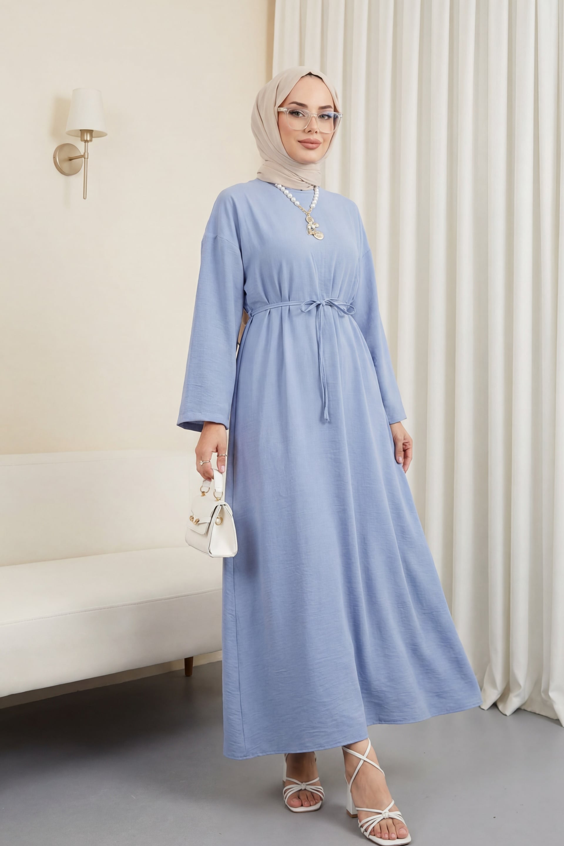 Blue Tie-Waist Linen Look Dress with Back Zipper - Podyumplus - by Peralane