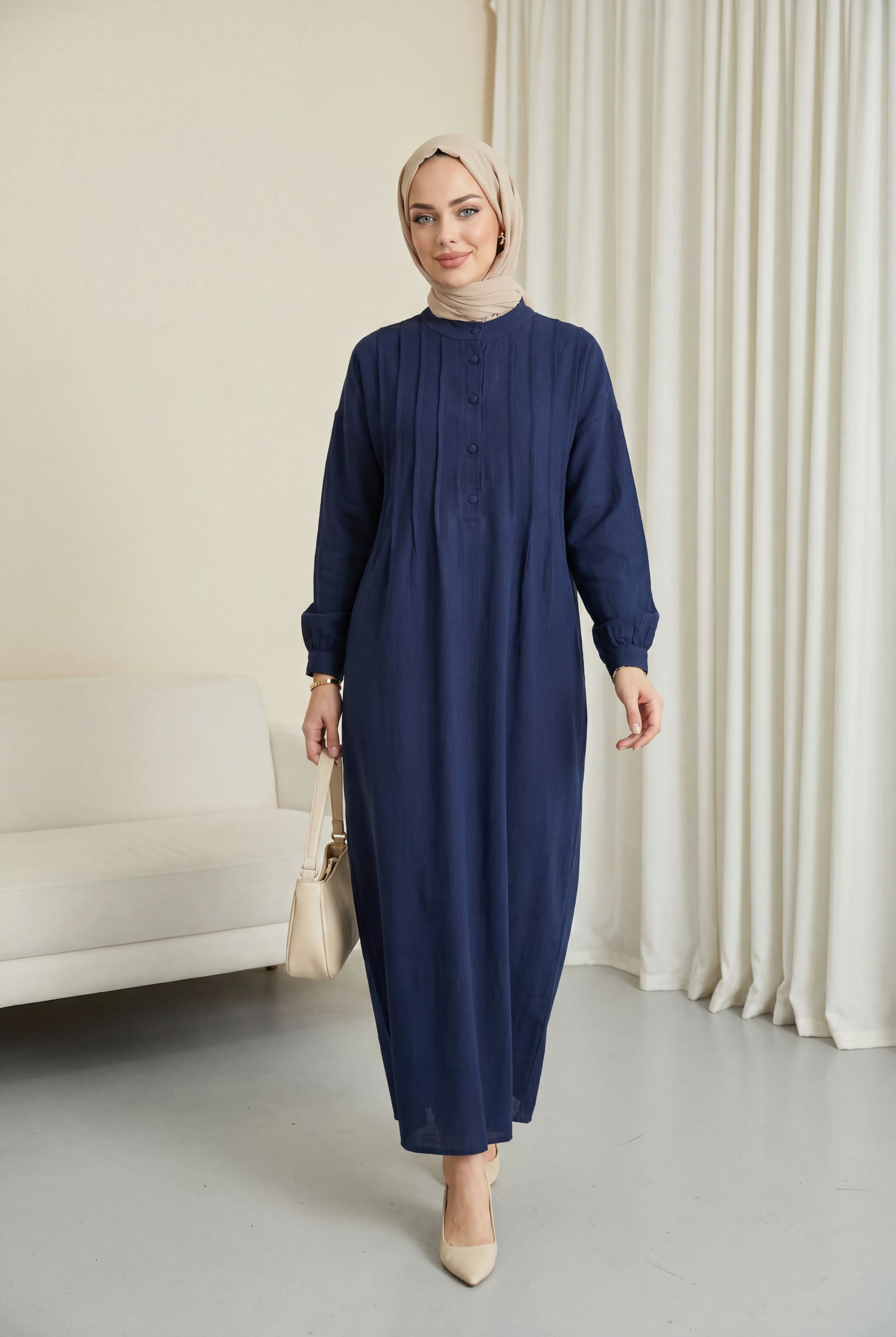 Navy Blue Half Button Muslin Dress with Ribbed Front - Podyumplus - by Peralane - photo 6