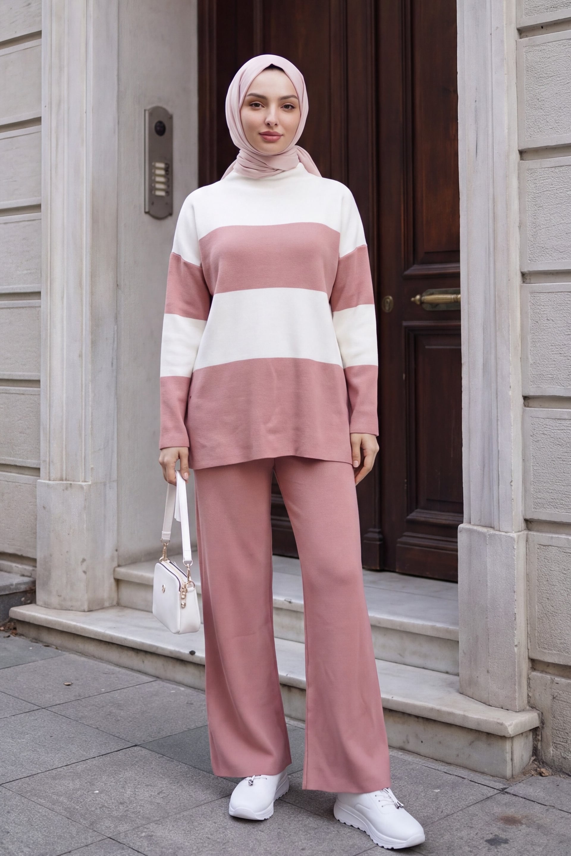 Half-Collar Striped Knit Set in Dusty Rose - Podyumplus - by Peralane - photo 4