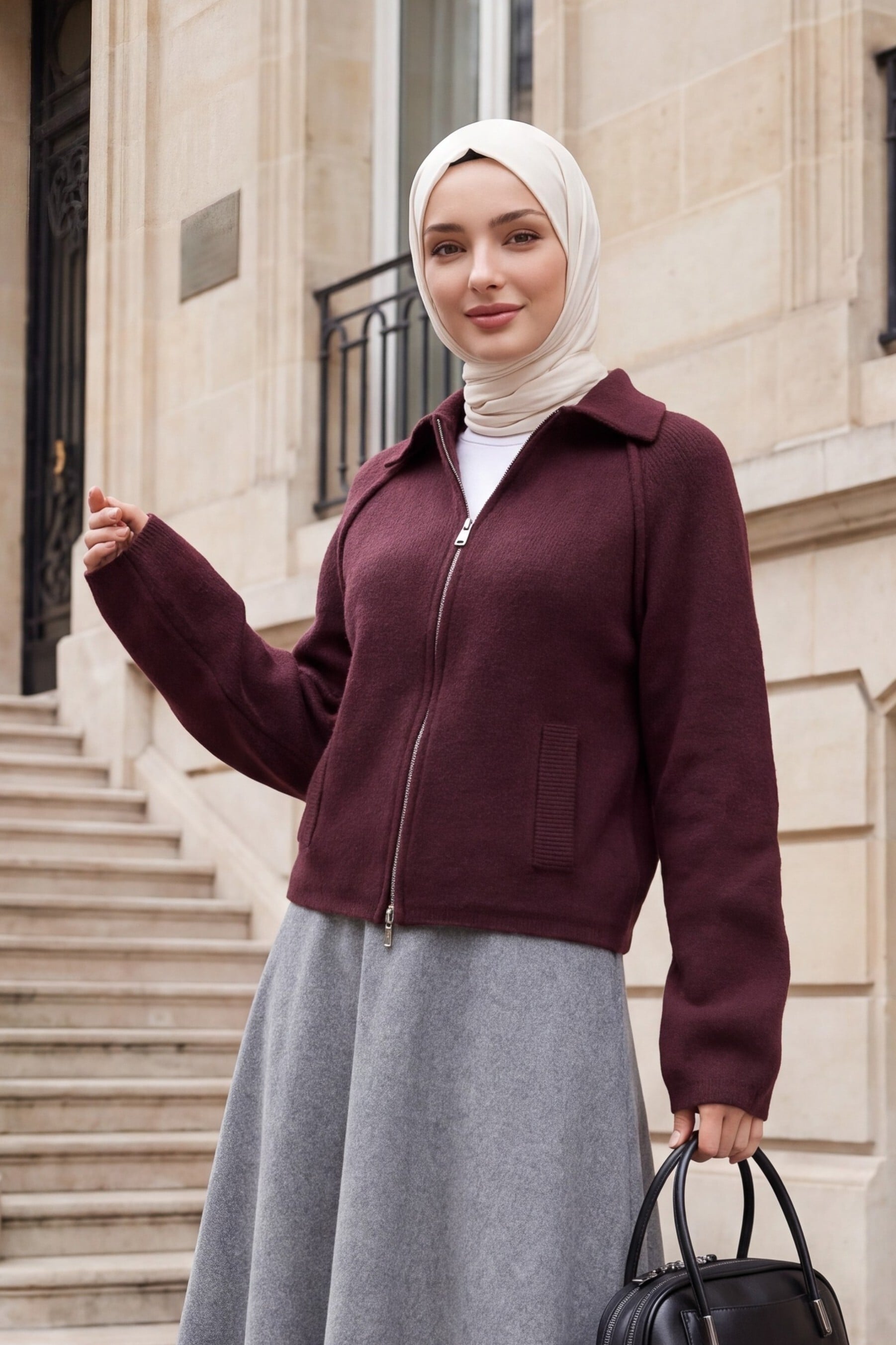 Polo Collar Zip Pocket Detail Knitted Cardigan - Burgundy - Podyumplus - by Peralane