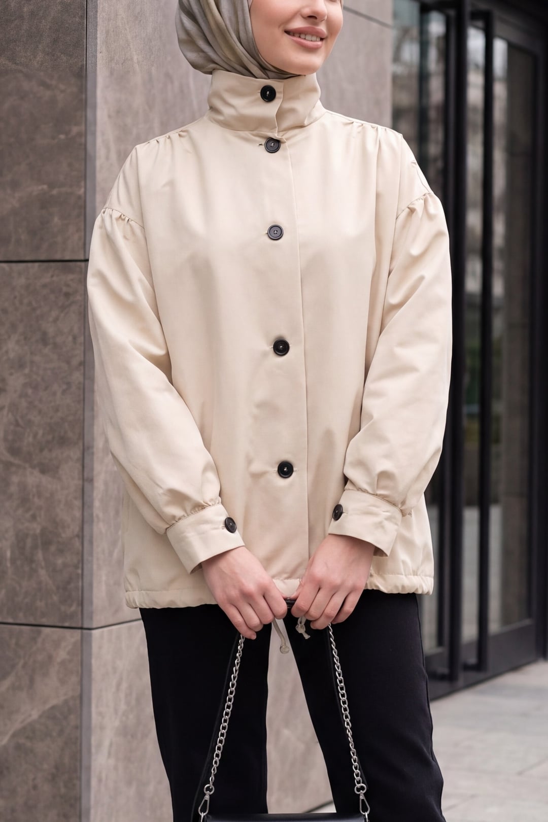 Balloon Sleeve Double Pocket Lined Button Trench Coat - Beige - Podyumplus - by Peralane