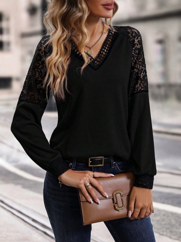 Women's Long-Sleeved V-Neck Lace Waffle Blouse - Janes - by Peralane