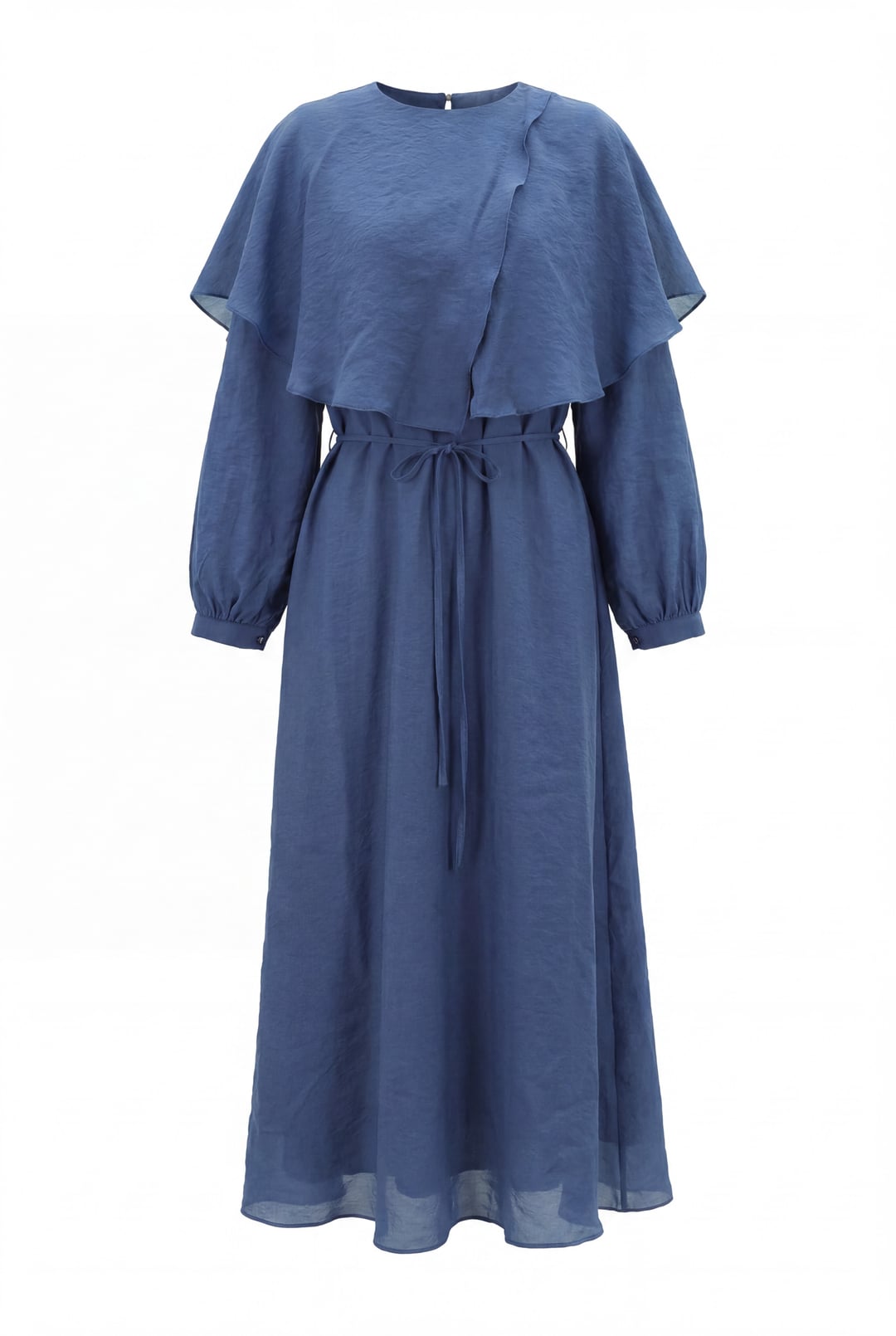 Indigo Ruffled Cape Collar Lined Belted Tulle Modal Dress - Podyumplus - by Peralane - photo 5