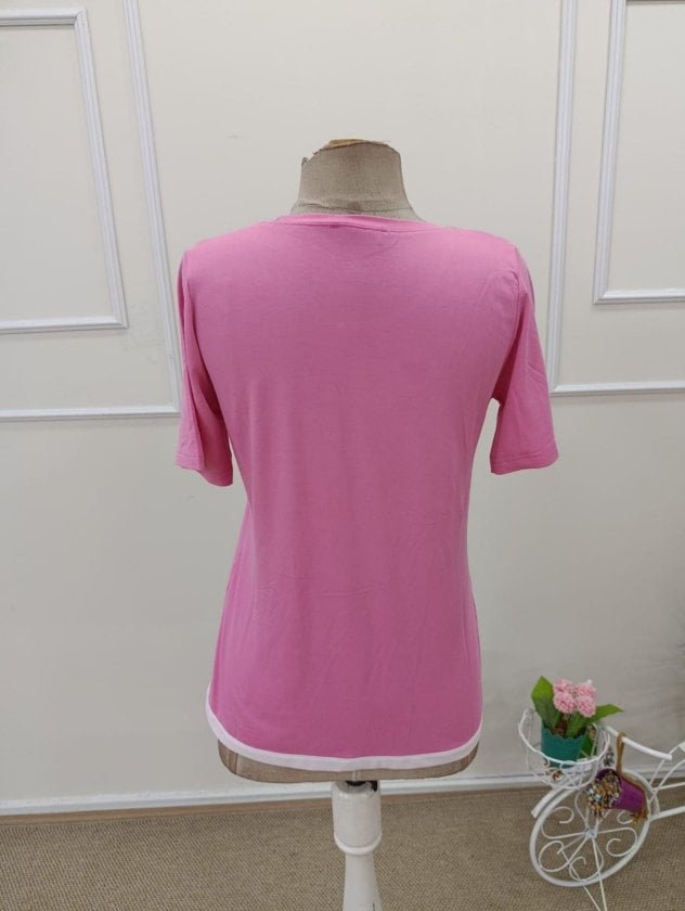 Women's Short Sleeve Crew Neck Viscose Blouse - Bright Pink with White Crossover Hem - Janes - by Peralane - photo 7