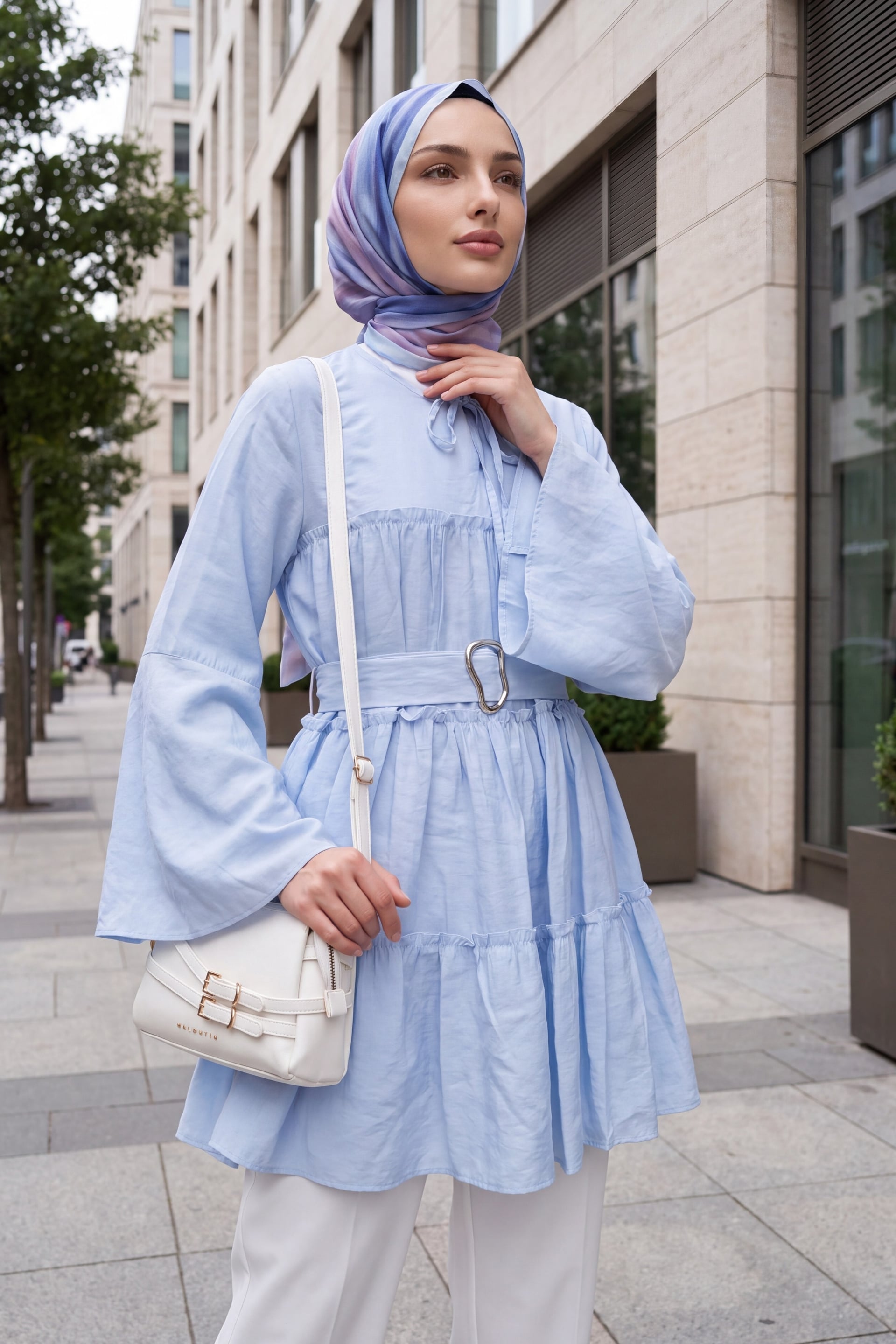 Light Blue Tie-Neck Belted Spanish Sleeve Cupro Tunic - Podyumplus - by Peralane - photo 2