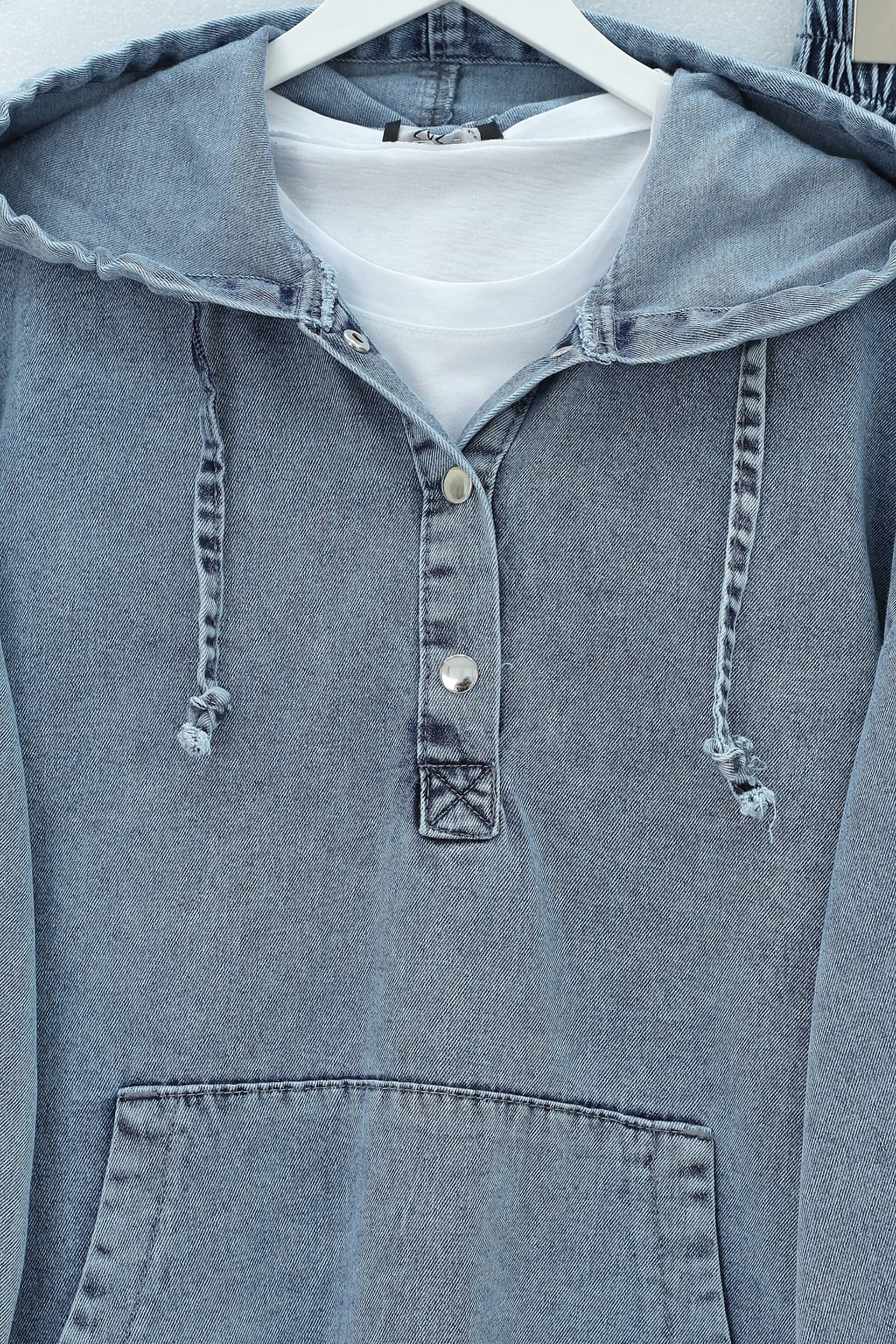 Women's Hooded Denim Co-ord Set with Kangaroo Pocket and Snap Front - Blue - Podyumplus - by Peralane - photo 6