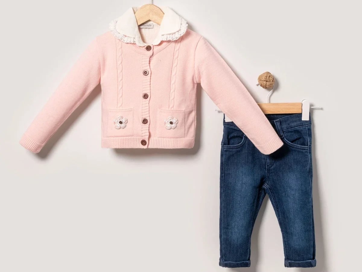 Girls' Knit Cardigan and Denim Trousers Set - Pink - Eymus - by Peralane