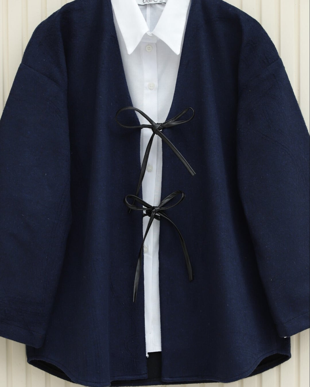 Navy Blue Tie-Front Oval Cut Kimono Jacket - Podyumplus - by Peralane - photo 2