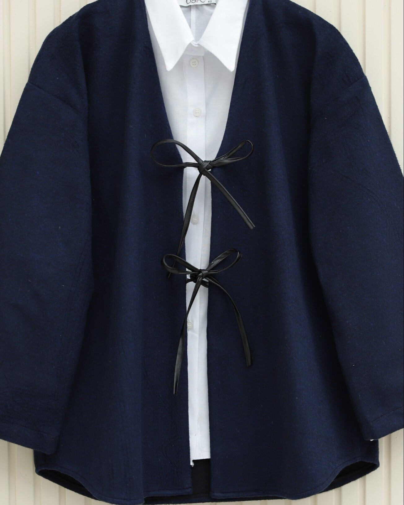 Navy Blue Tie-Front Oval Cut Kimono Jacket - Podyumplus - by Peralane - photo 2