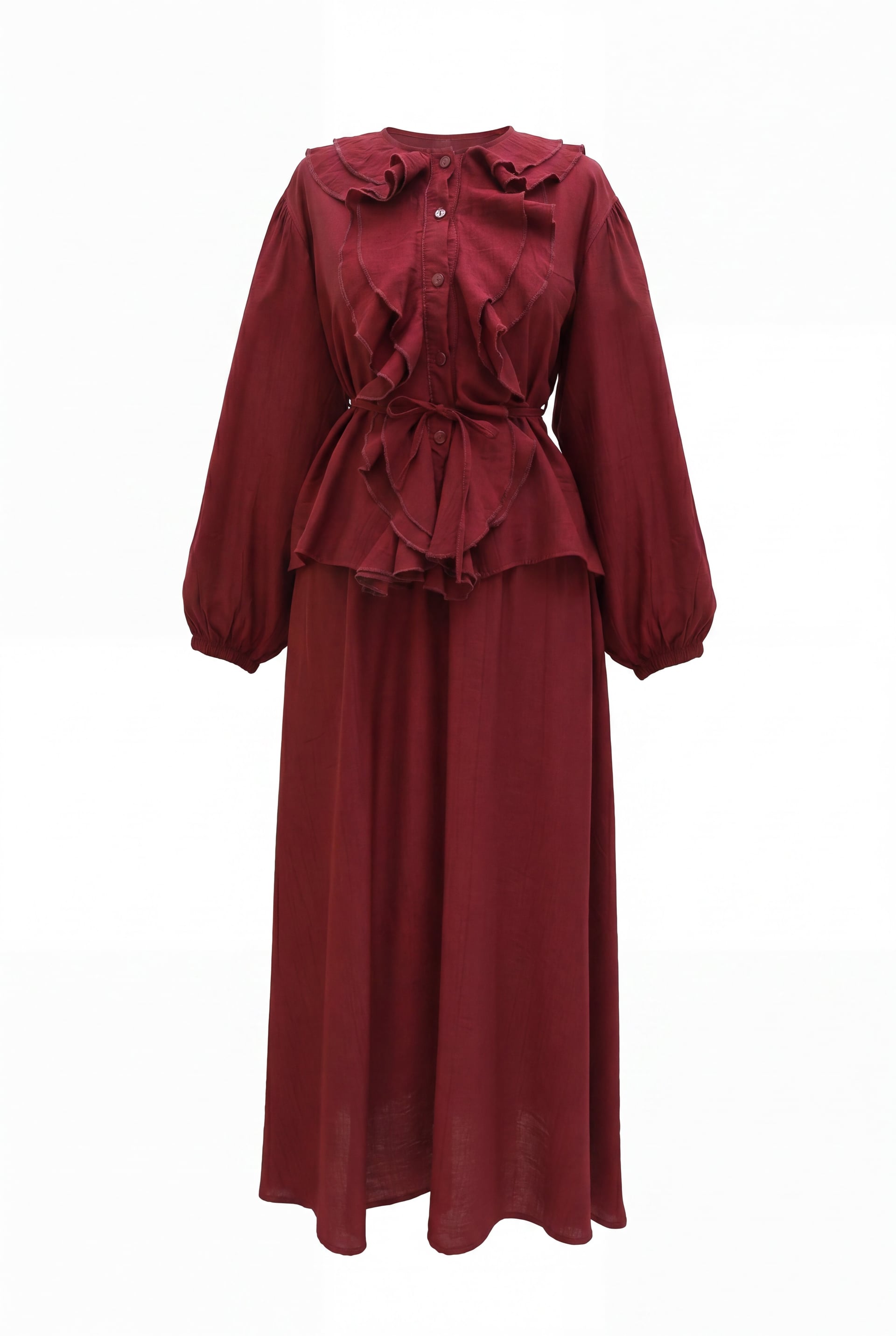 Women's Burgundy Ruffled Front Long-Sleeve Dress with Tie Waist and Flared Skirt - Podyumplus - by Peralane - photo 5