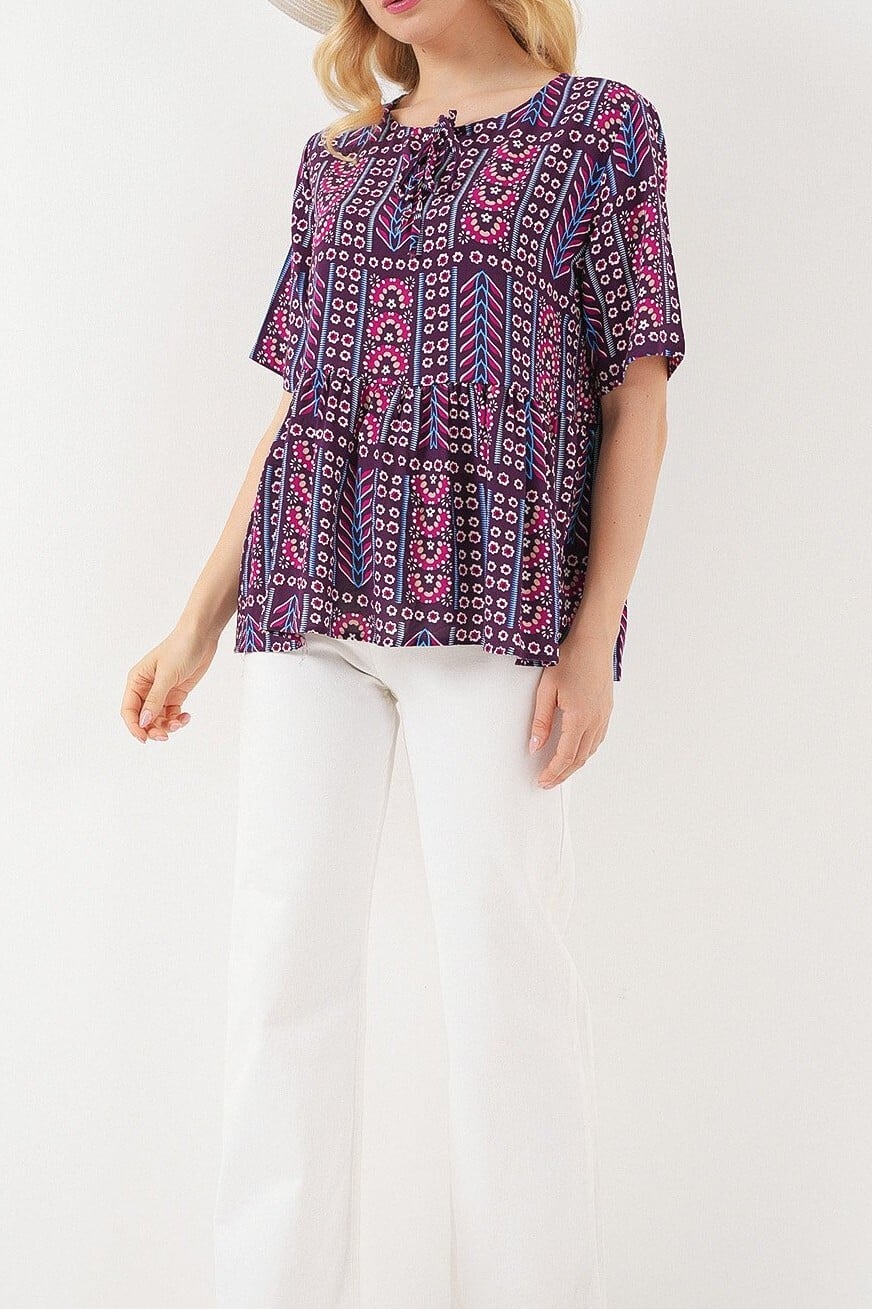 Women's Patterned Short Sleeve Blouse 969 - Burgundy - Bigdart - by Peralane - photo 2