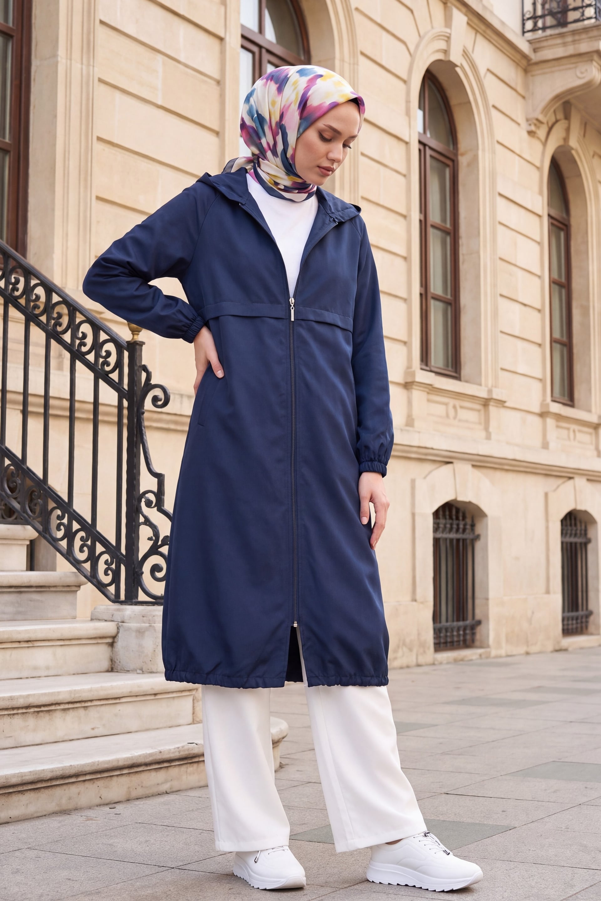 Navy Blue Hooded Full Zip Long Raincoat - Podyumplus - by Peralane - photo 2
