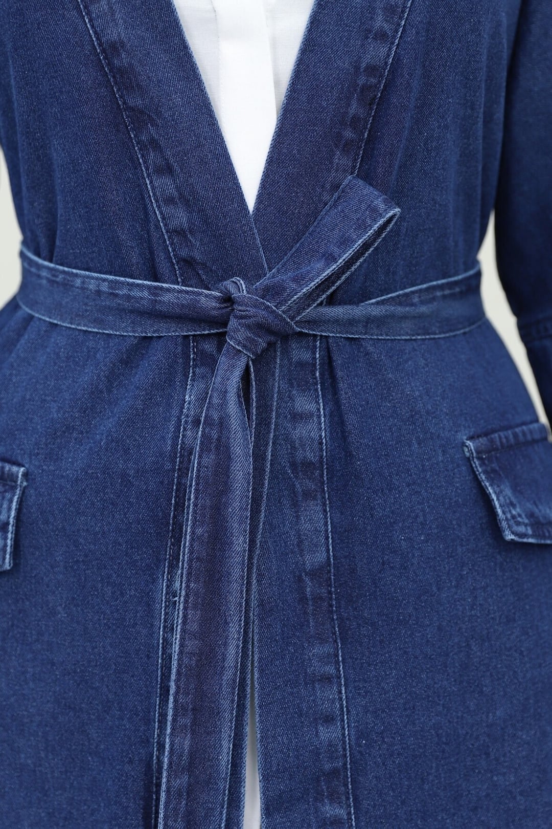 Indigo Tie Waist Long Denim Jacket with Pockets - Podyumplus - by Peralane - photo 5
