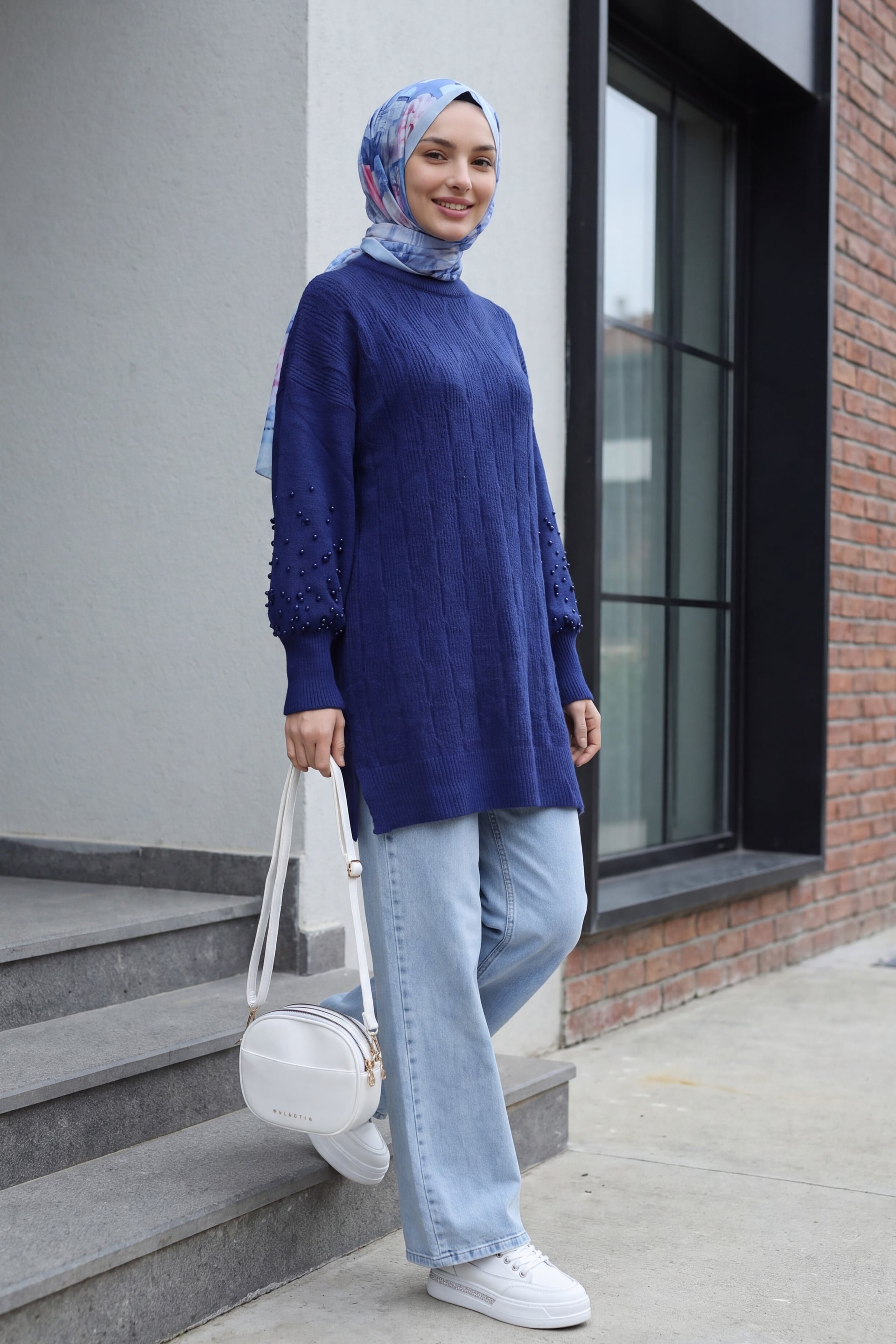 Pearl Detail Patterned Relaxed Knit Tunic - Navy - Podyumplus - by Peralane - photo 4