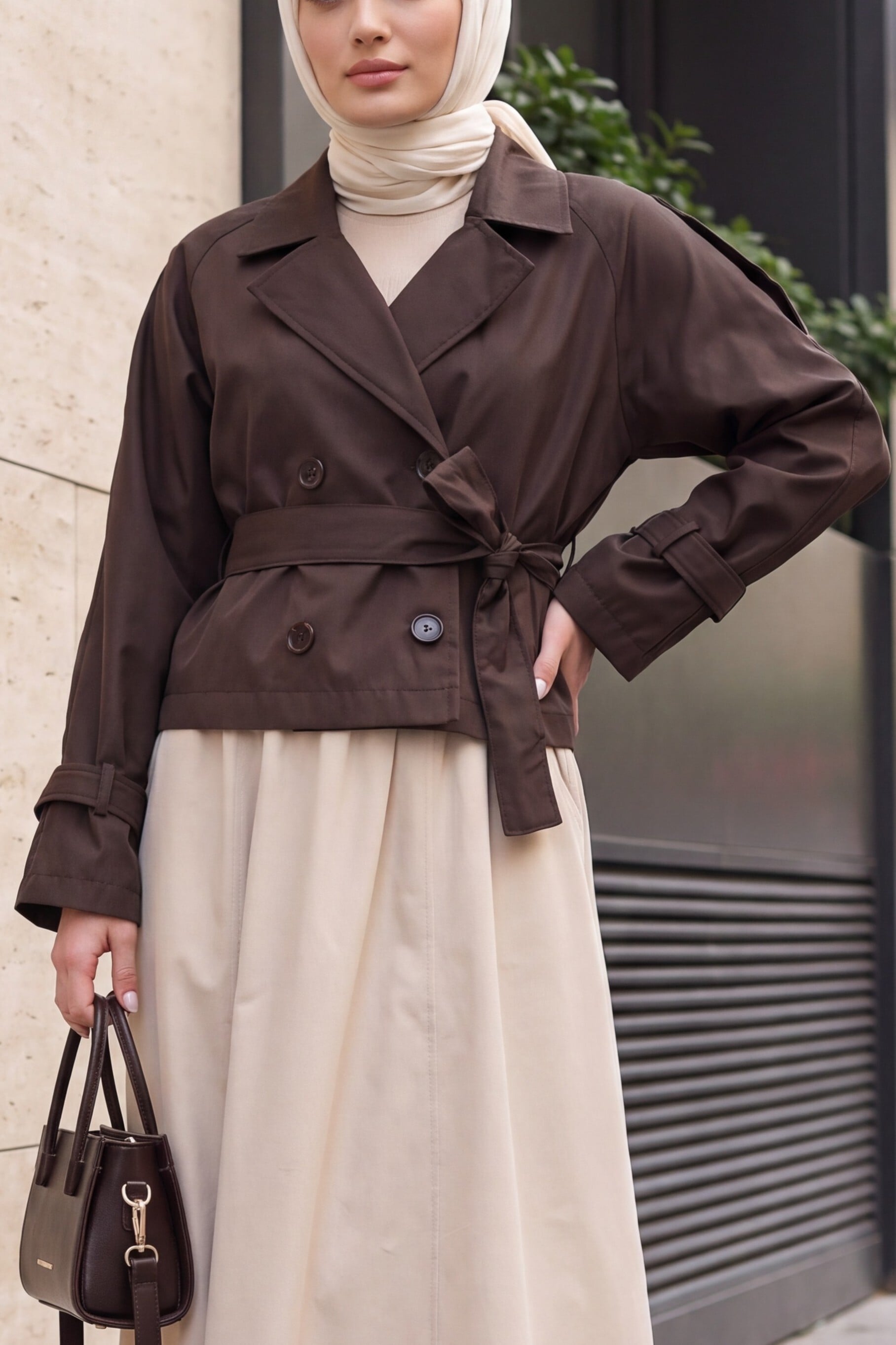 Women's Belted Short Trench Coat with Tie Belt - Light Brown - Bigdart - by Peralane