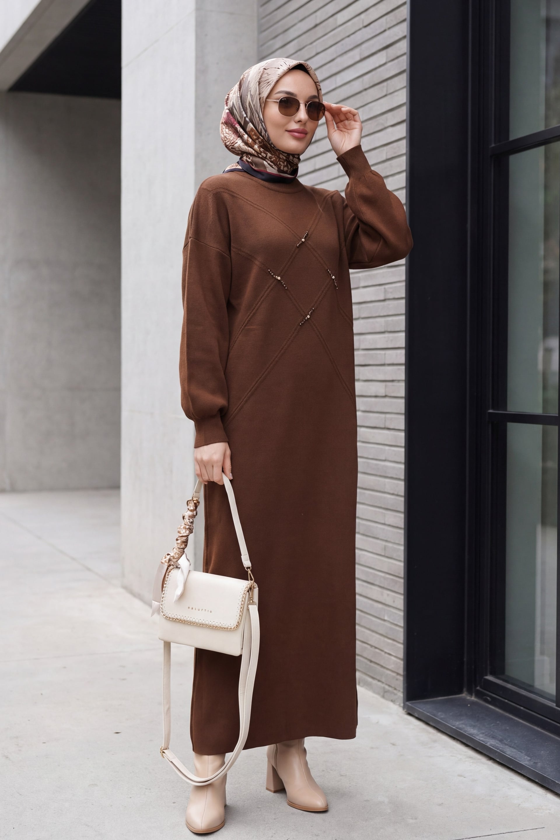 Long-Sleeved Brown Knit Dress with Stone and Bead Detailing - Podyumplus - by Peralane - photo 2