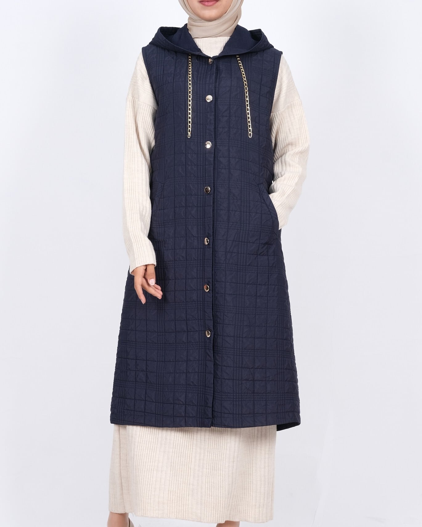 Navy Blue Hooded Quilted Vest with Chain Detail and Pockets - Podyumplus - by Peralane - photo 3